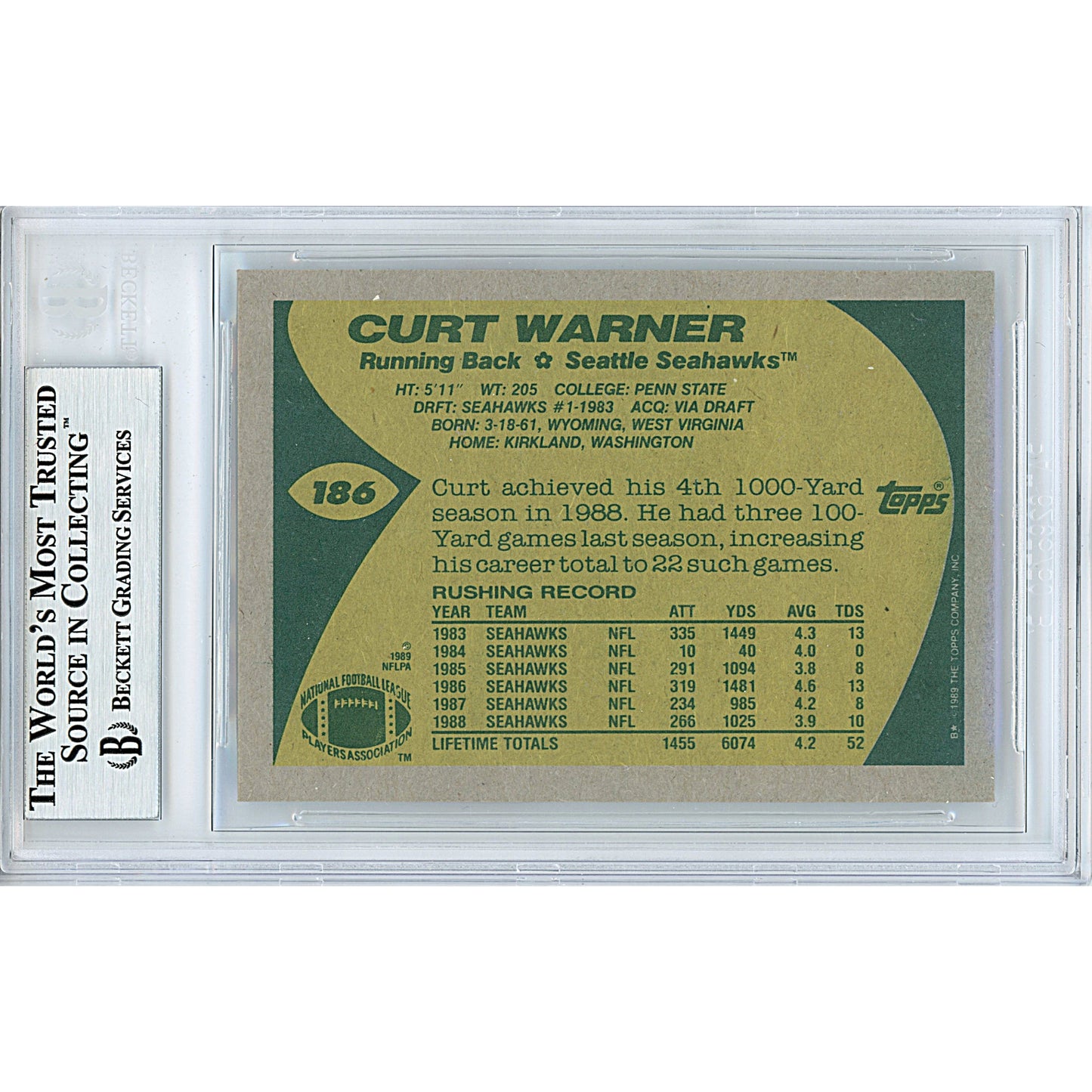 1989 Topps #186 — Curt Warner Seattle Seahawks Autographed Trading Card — Beckett Authentication