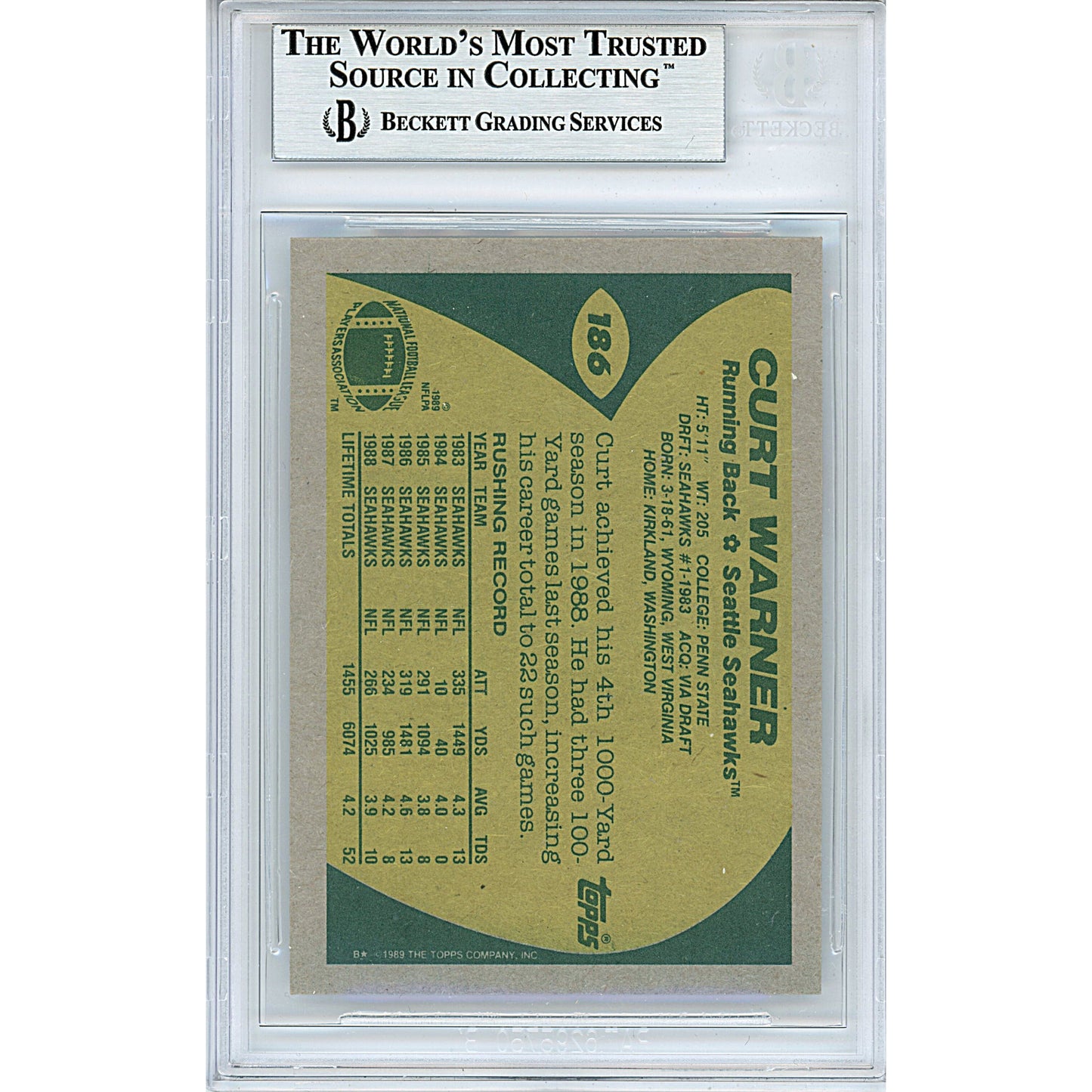1989 Topps #186 — Curt Warner Seattle Seahawks Autographed Trading Card — Beckett Authentication