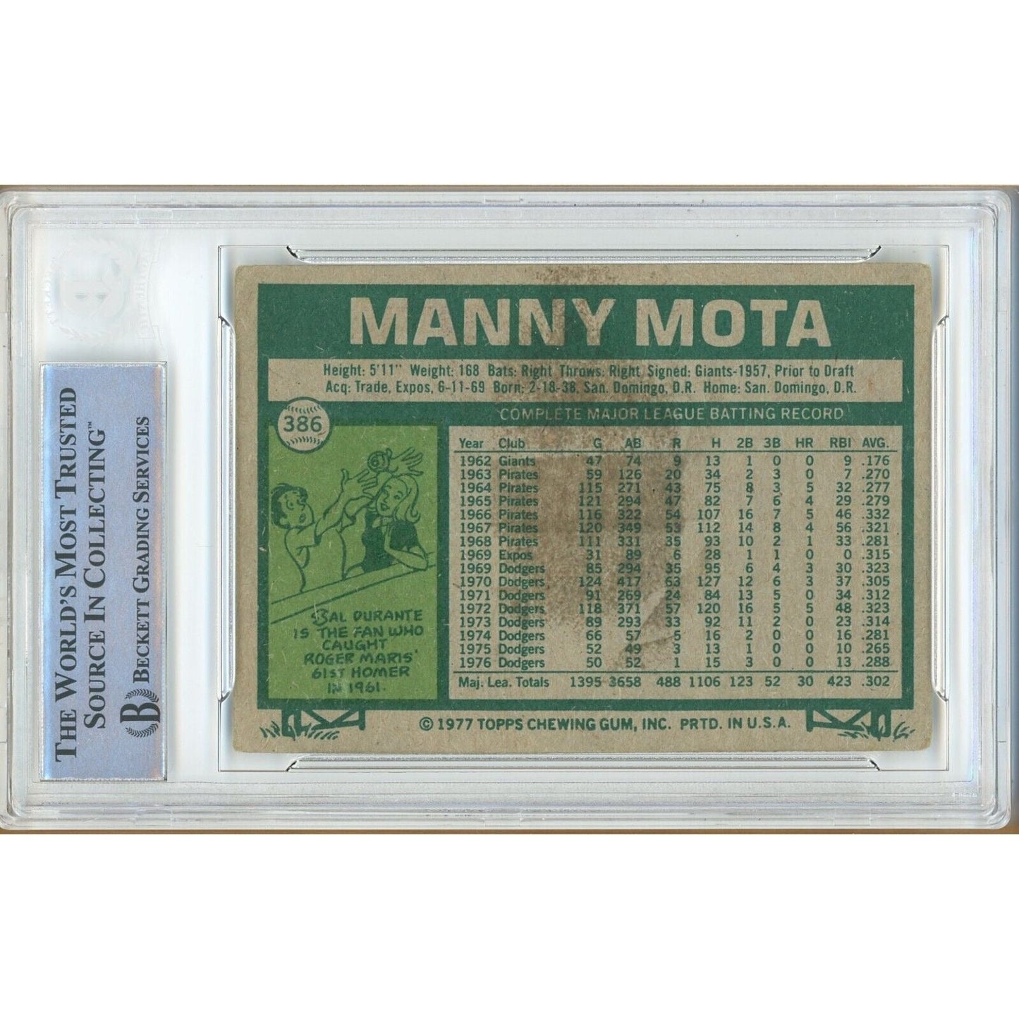 Manny Mota Los Angeles Dodgers Signed 1977 Topps Baseball Card Beckett Auth Auto Slab