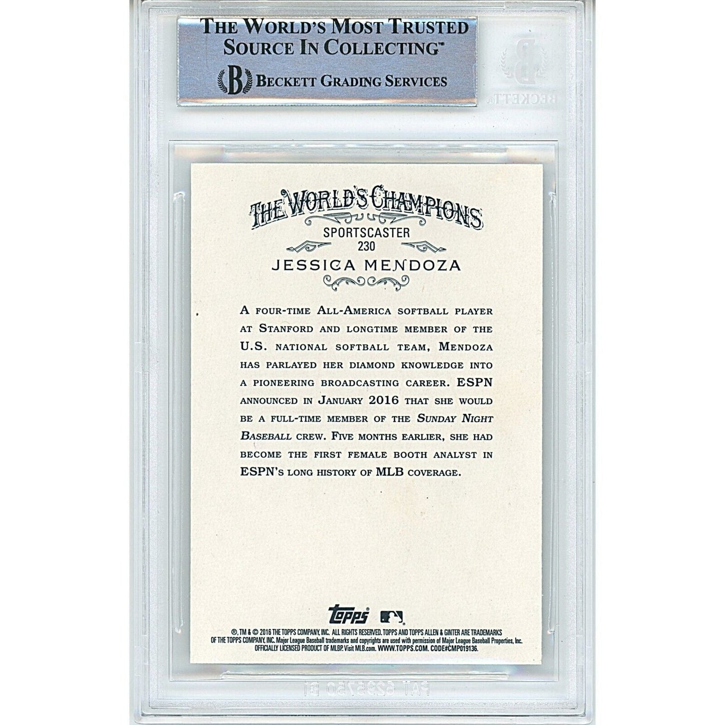 2016 Allen and Ginter — Jessica Mendoza Team USA Team USA Autographed Trading Card — Beckett Authentication