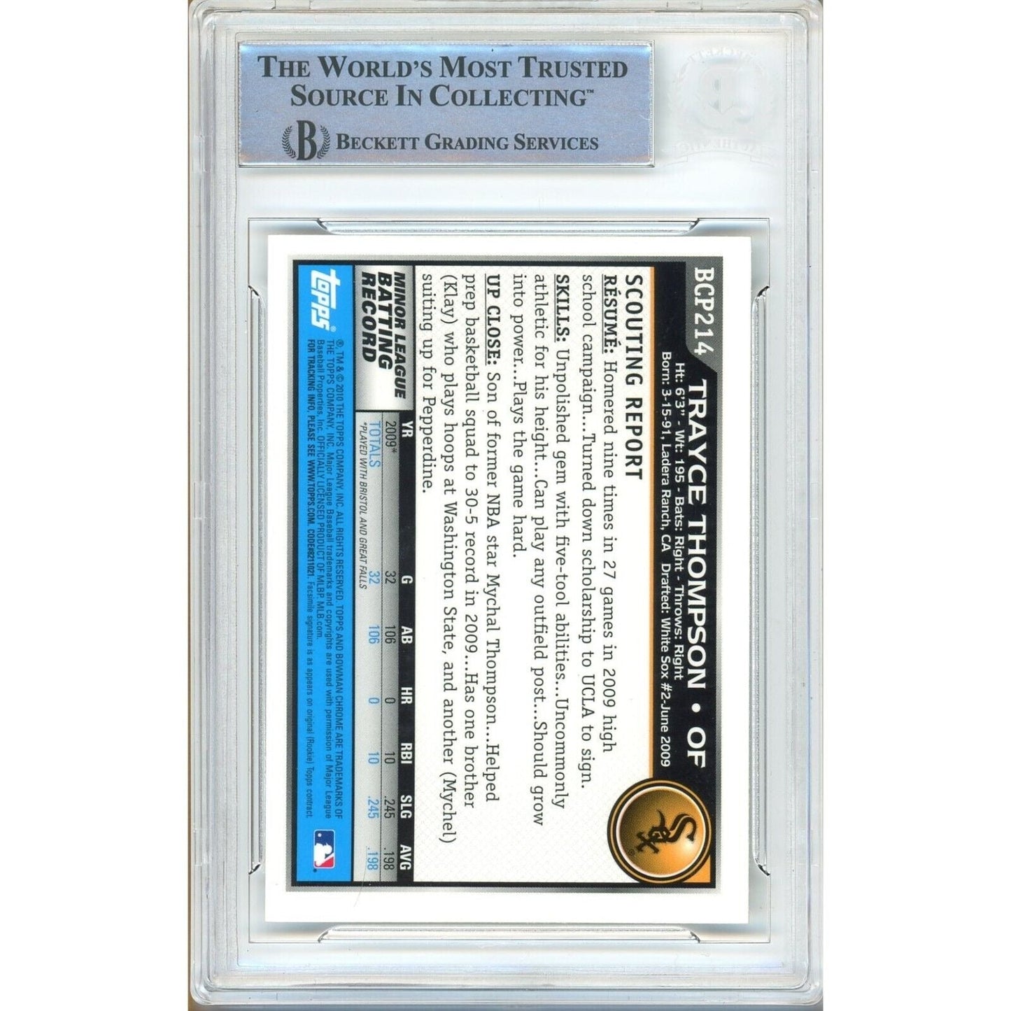 Trayce Thompson White Sox Signed 2010 Bowman Chrome Prospects Card Beckett Auth Auto