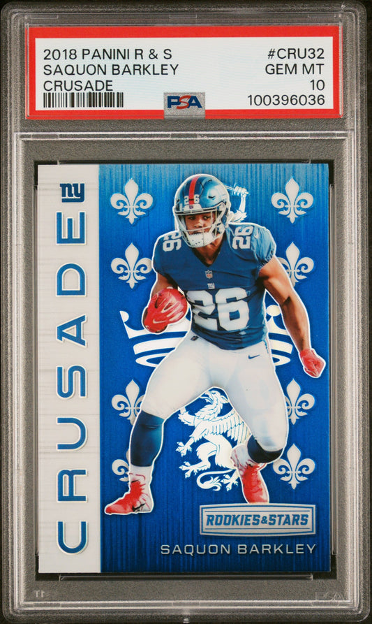 Graded 2018 Panini Rookies & Stars Saquon Barkley #CRU32 Crusade Rookie RC Football Card PSA 10 Gem Mint