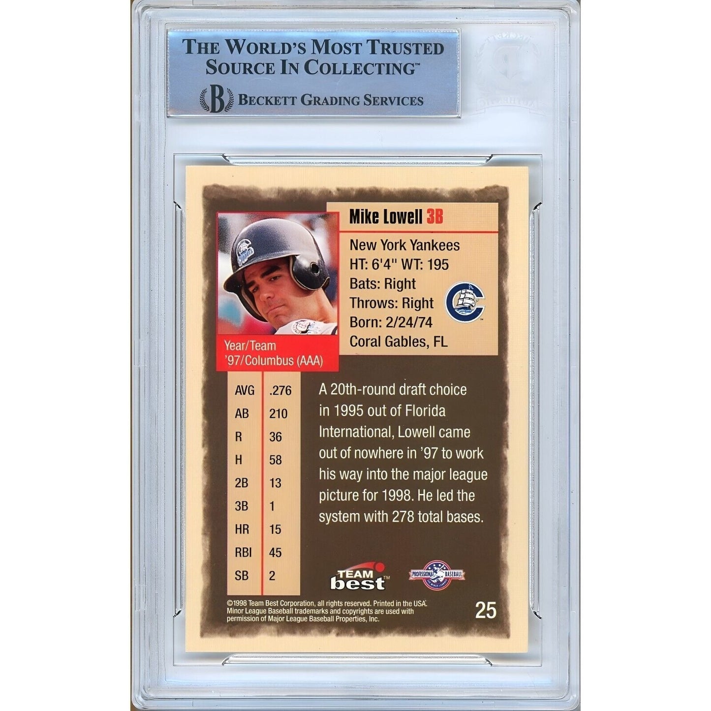 Mike Lowell New York Yankees Signed 1998 Team Best Rookie Card Beckett Auth Auto Slab