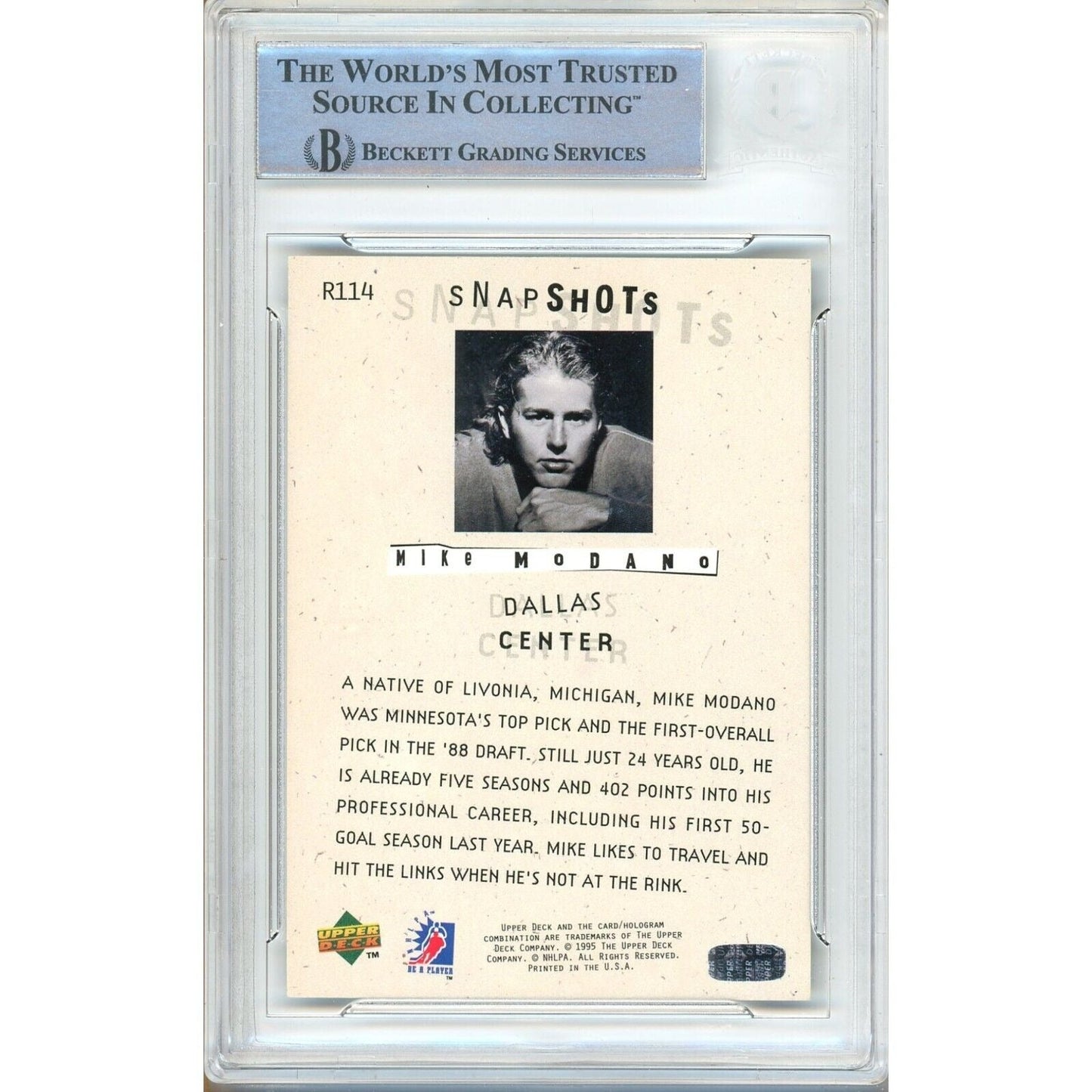 Mike Modano Dallas Stars Signed 1994-95 Upper Deck Be A Player Card BAS Auth Auto Slab