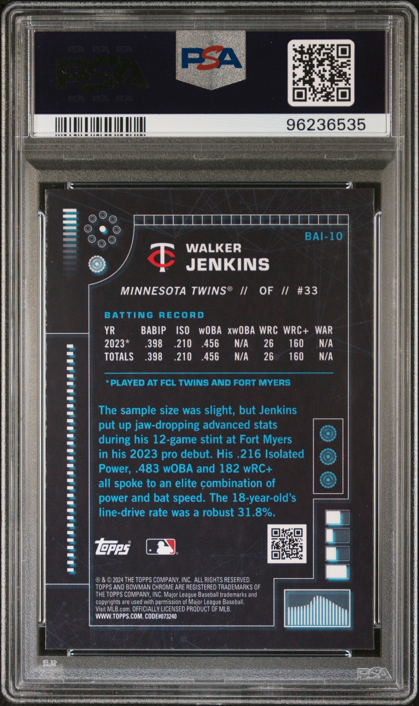 Graded 2024 Topps Bowman Walker Jenkins #BAI10 AI Rookie RC Baseball Card PSA 10 Gem Mint