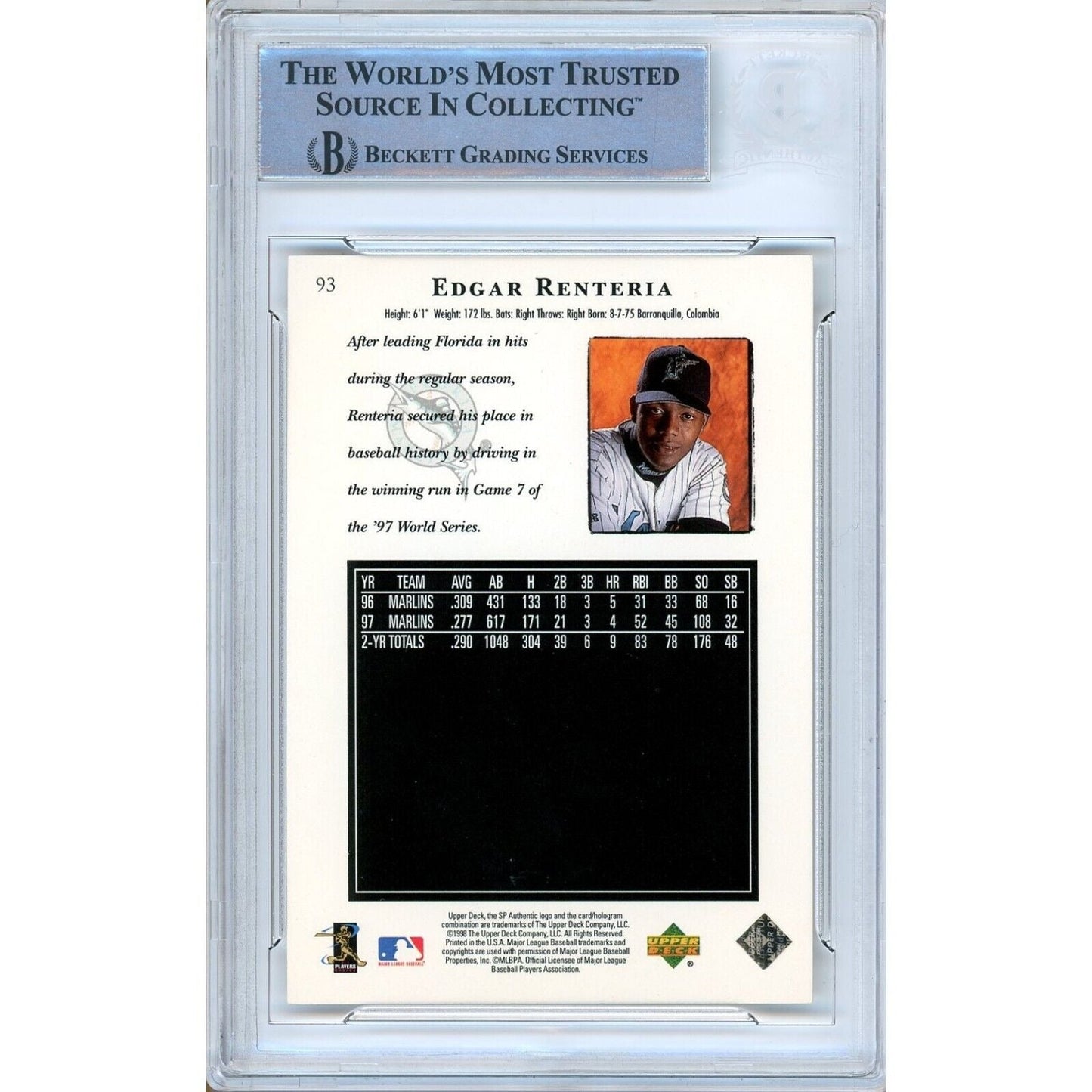 1998 Upper Deck SP Authentic #93 — Edgar Renteria Miami Marlins Autographed Trading Card — Beckett Authentication