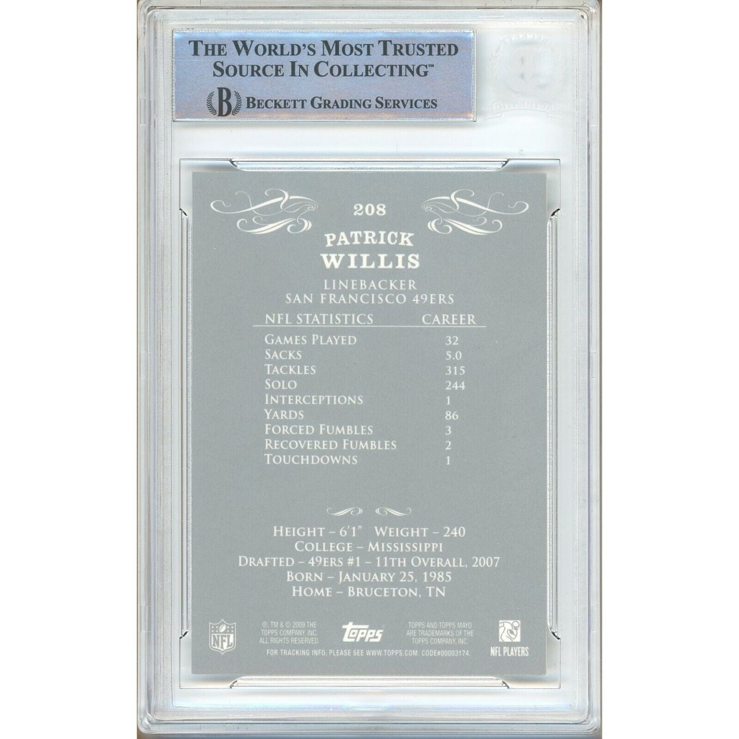 Patrick Willis San Francisco 49ers Signed 2009 Topps Mayo Football Card Beckett Auth Auto