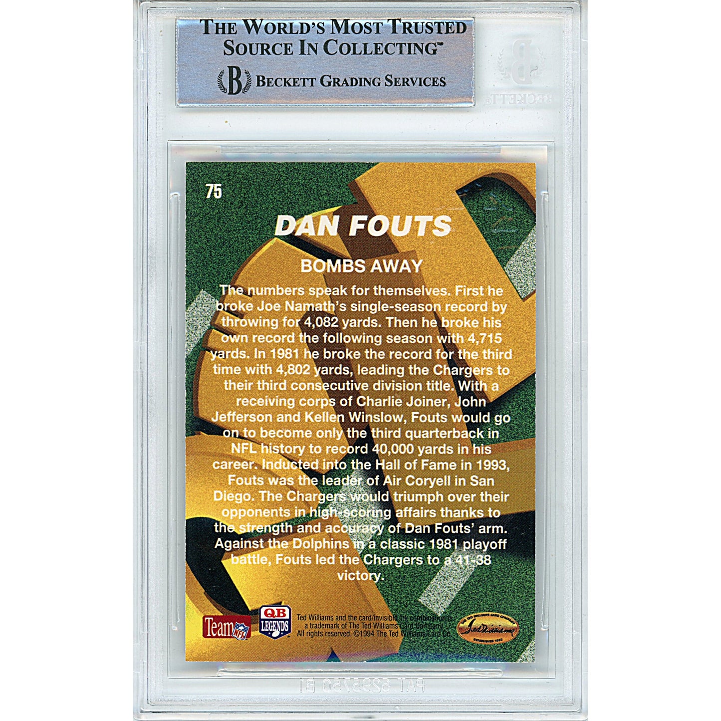 1994 Ted Williams Co #75 — Dan Fouts San Diego Chargers Autographed Trading Card — Beckett Authentication