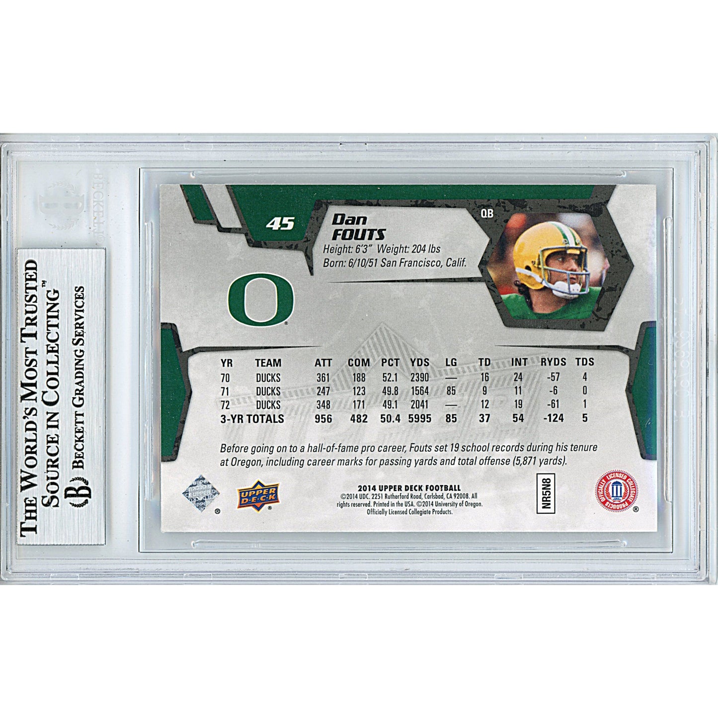 2014 Upper Deck #45 — Dan Fouts Oregon Ducks Autographed Trading Card — Beckett Authentication - Sport Cards