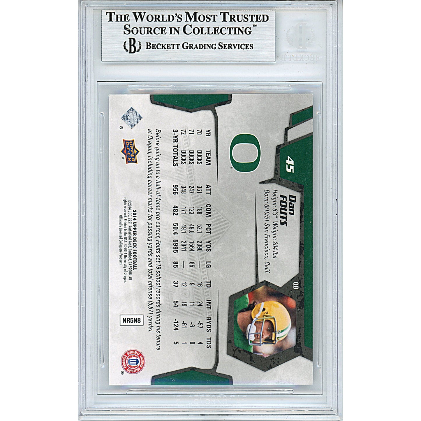 2014 Upper Deck #45 — Dan Fouts Oregon Ducks Autographed Trading Card — Beckett Authentication - Sport Cards