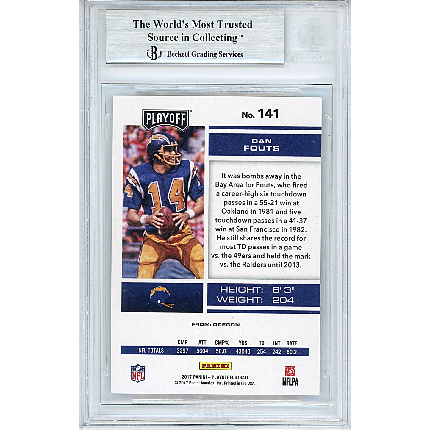 2017 Panini Playoff #141 — Dan Fouts San Diego Chargers Autographed Trading Card — Beckett Authentication