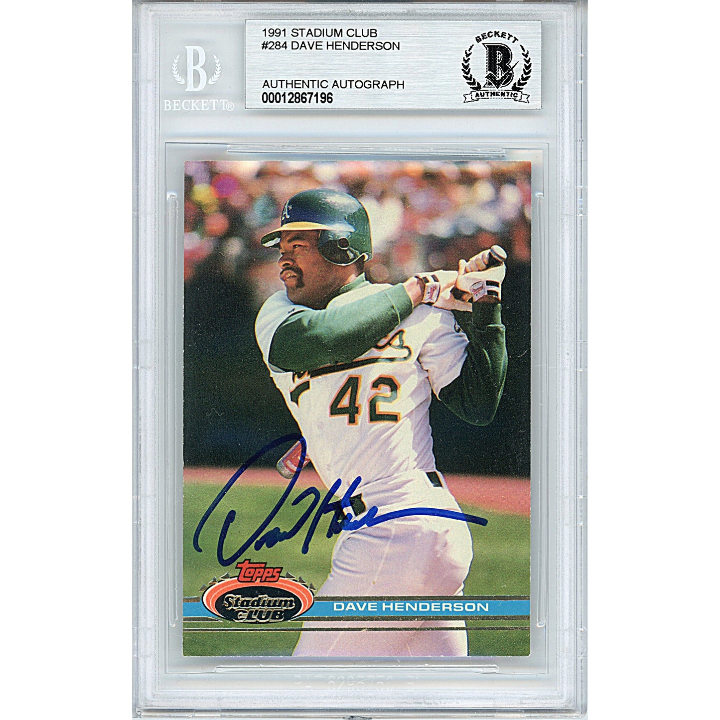 1991 Topps Stadium Club #284 — Dave Henderson Oakland Athletics Autographed Trading Card — Beckett Authentication