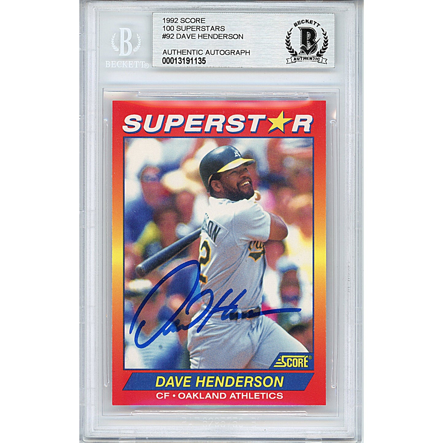 1992 Score #92 — Dave Henderson Oakland Athletics Autographed Trading Card — Beckett Authentication