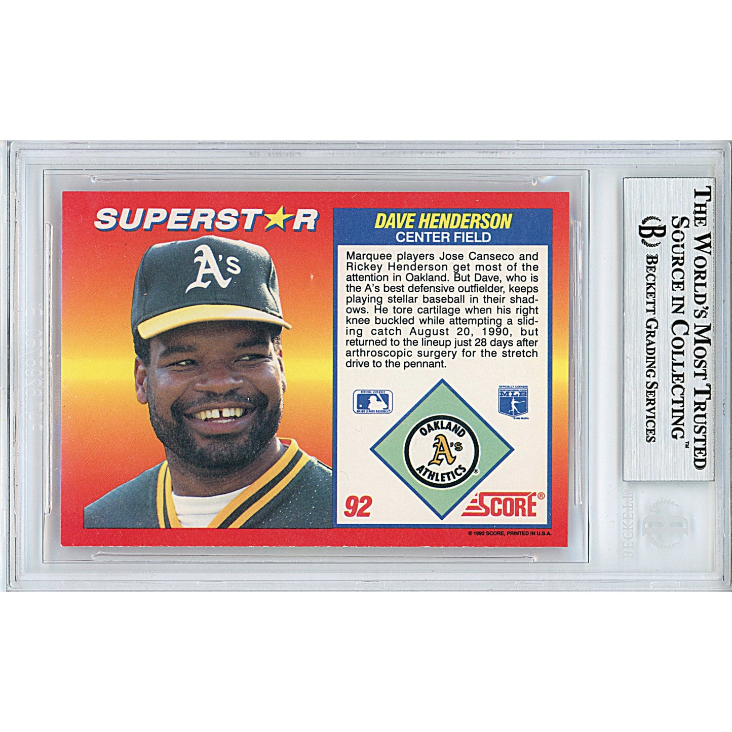 1992 Score #92 — Dave Henderson Oakland Athletics Autographed Trading Card — Beckett Authentication