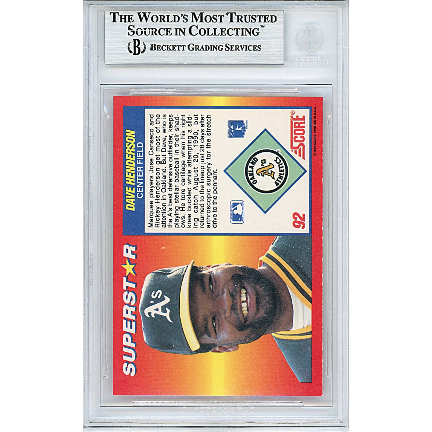 1992 Score #92 — Dave Henderson Oakland Athletics Autographed Trading Card — Beckett Authentication