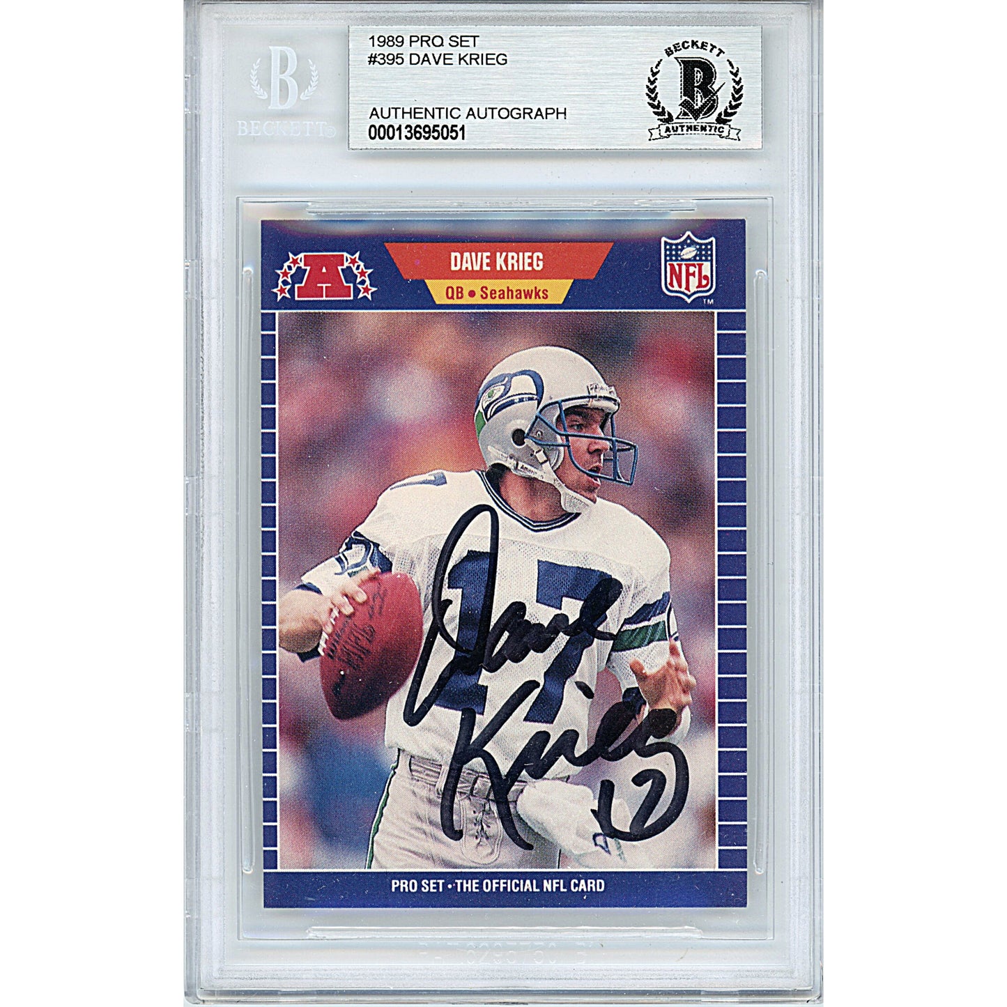 1989 NFL Pro Set #395 — Dave Krieg Seattle Seahawks Autographed Trading Card — Beckett Authentication