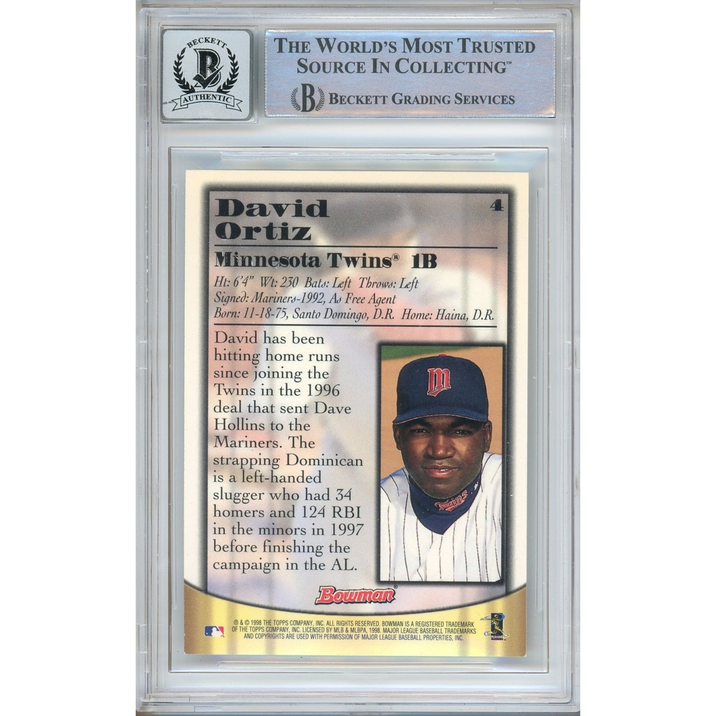 1998 Bowman Certified Blue #4 — David Ortiz Minnesota Twins Autographed Trading Card — Beckett Authentication