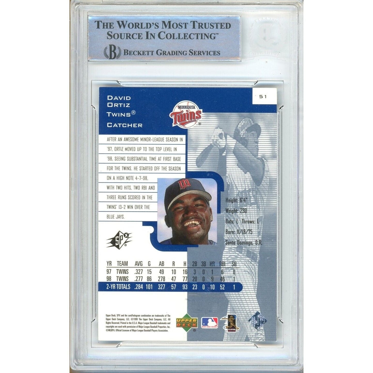 1999 Upper Deck SPx #51 — David Ortiz Minnesota Twins Autographed Trading Card — Beckett Authentication