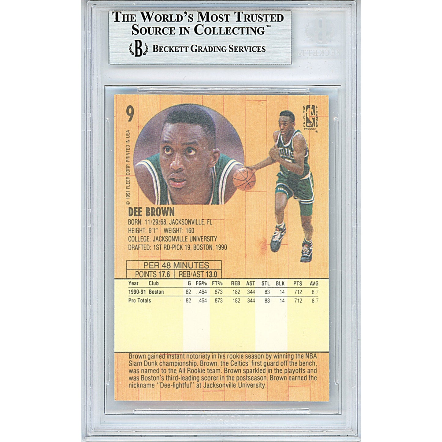 1991-92 Fleer #9 — Dee Brown Boston Celtics Autographed Trading Card — Beckett Authentication