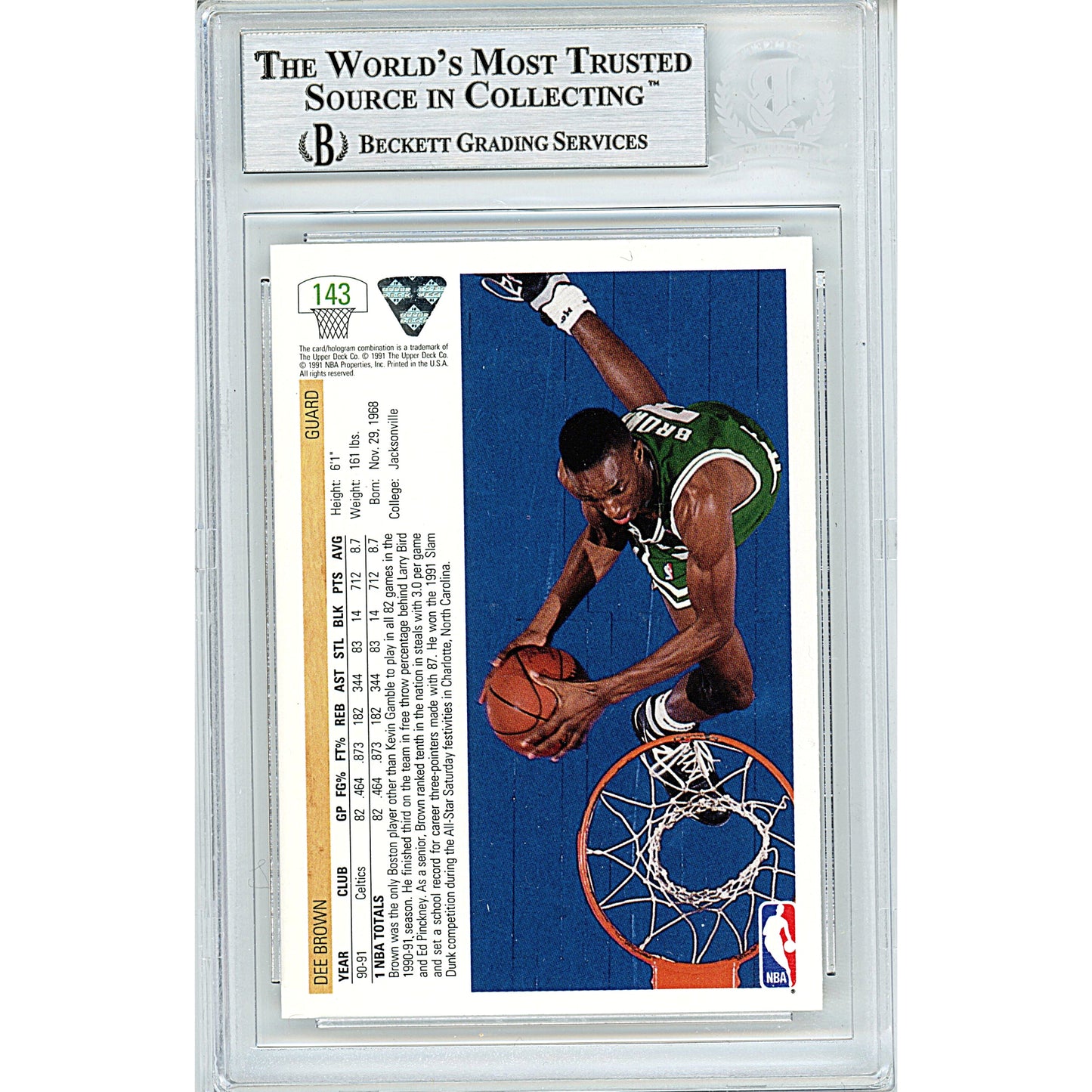 1991-92 Upper Deck #143 — Dee Brown Boston Celtics Autographed Trading Card — Beckett Authentication