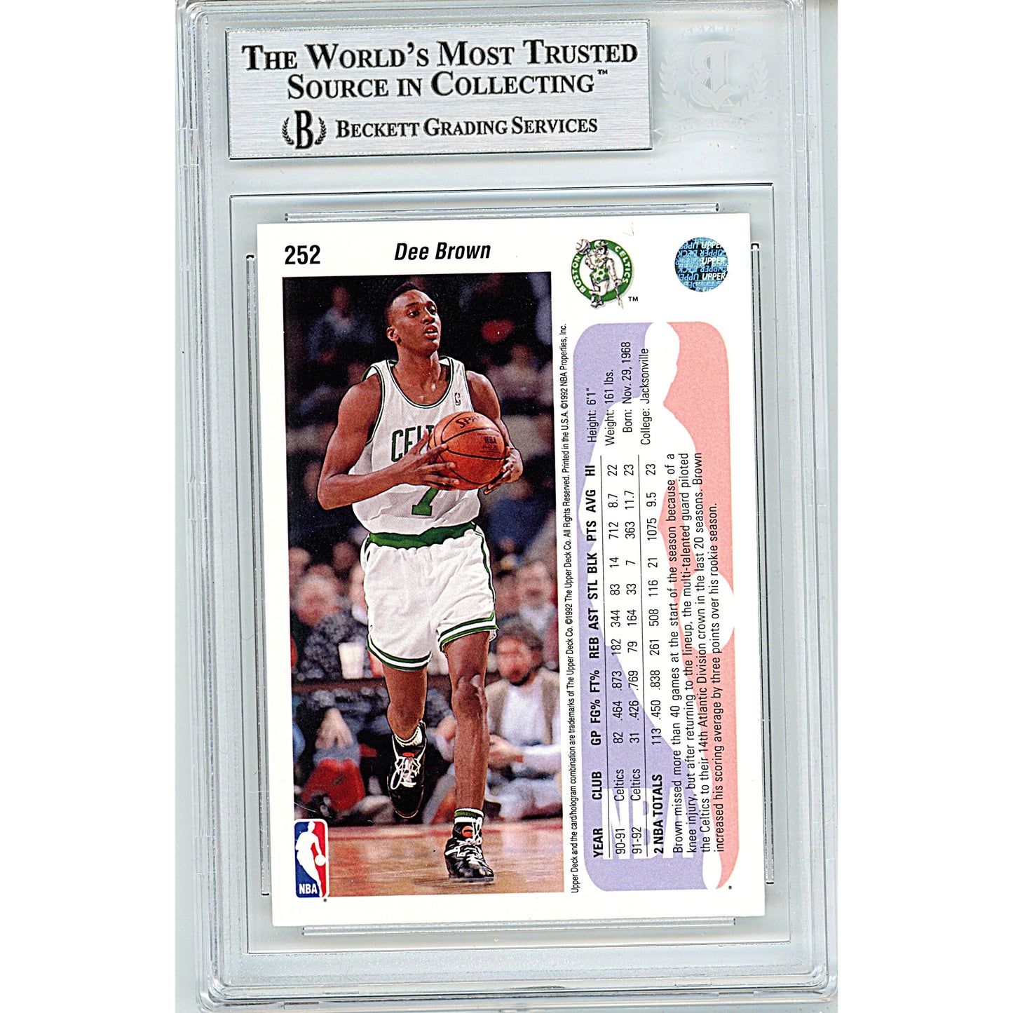 1992-93 Upper Deck #252 — Dee Brown Boston Celtics Autographed Trading Card — Beckett Authentication