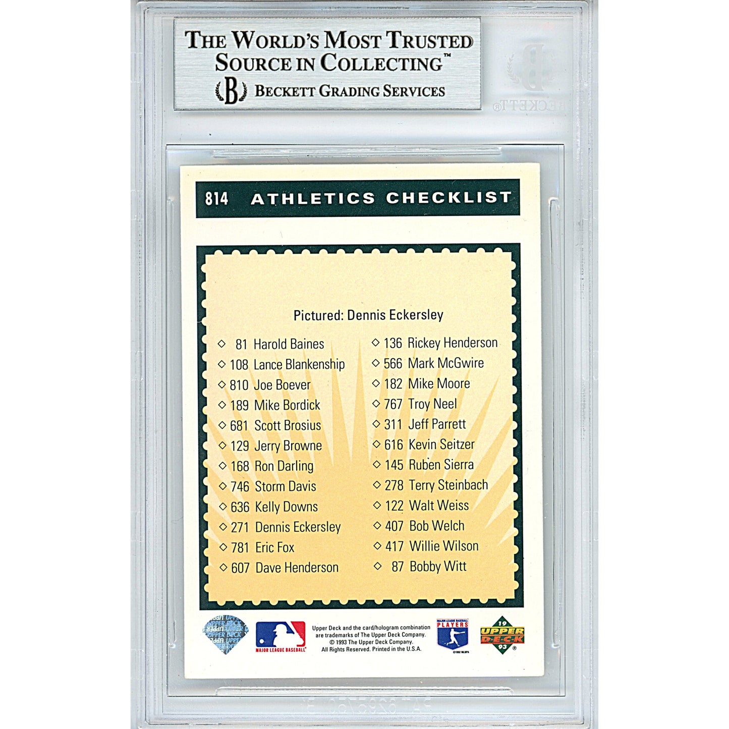 1993 Upper Deck #814 — Dennis Eckersley Oakland Athletics Autographed Trading Card — Beckett Authentication