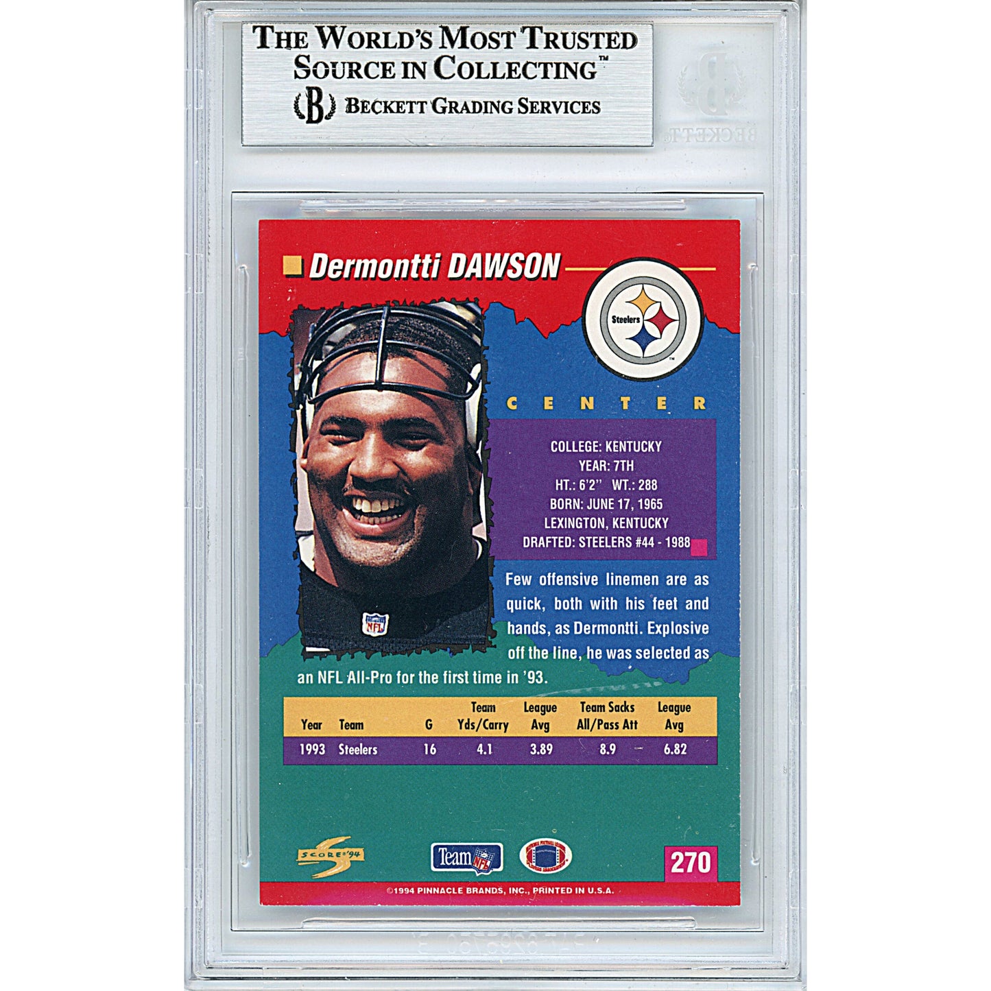 1994 Score #270 — Dermontti Dawson Pittsburgh Steelers Autographed Trading Card — Beckett Authentication