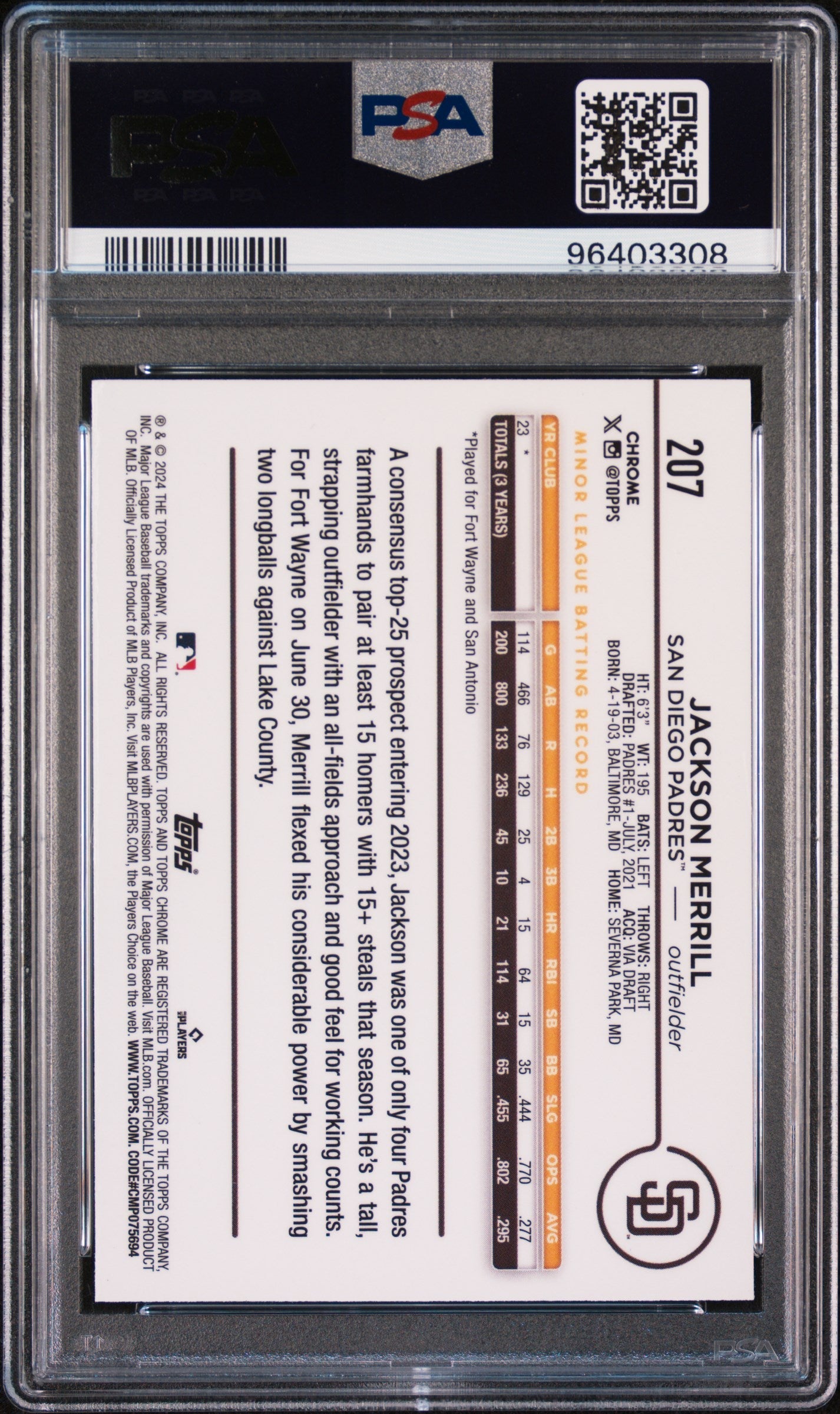 Graded 2024 Topps Chrome Jackson Merrill #207 Rookie RC Baseball Card PSA 10 Gem Mint