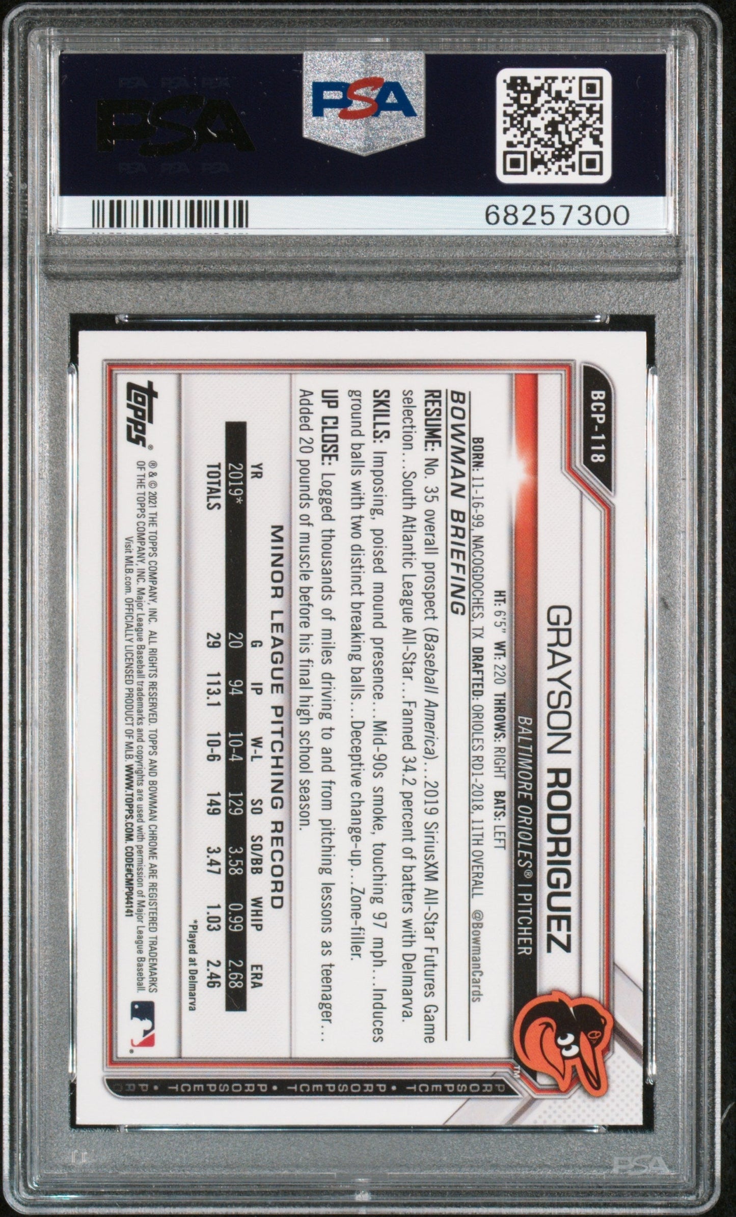 Graded 2021 Topps Bowman Grayson Rodriguez #BCP118 Chrome Prospects Atomic Refractor Rookie RC Baseball Card PSA 10 Gem Mint