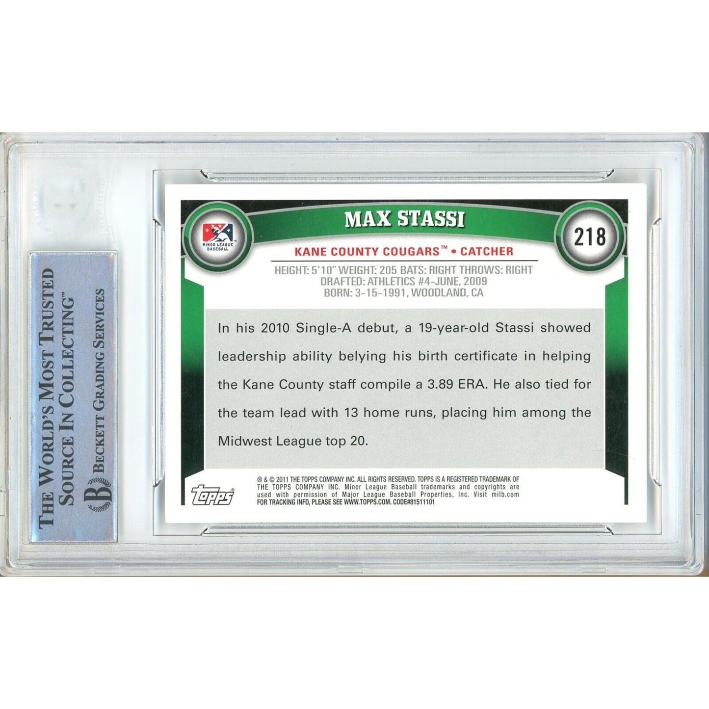 Max Stassi Houston Astros Signed 2011 Topps Pro Debut Baseball Card BAS Auth Auto Slab