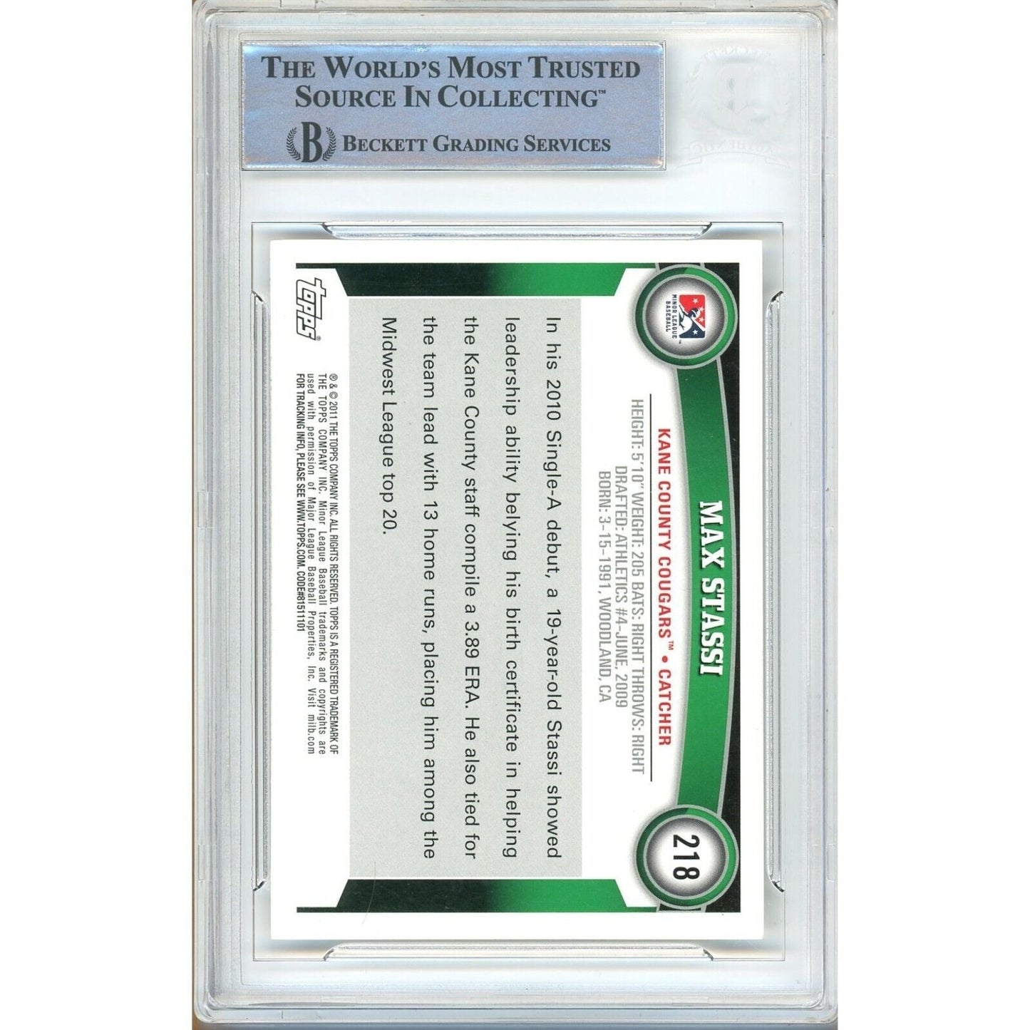 Max Stassi Houston Astros Signed 2011 Topps Pro Debut Baseball Card BAS Auth Auto Slab