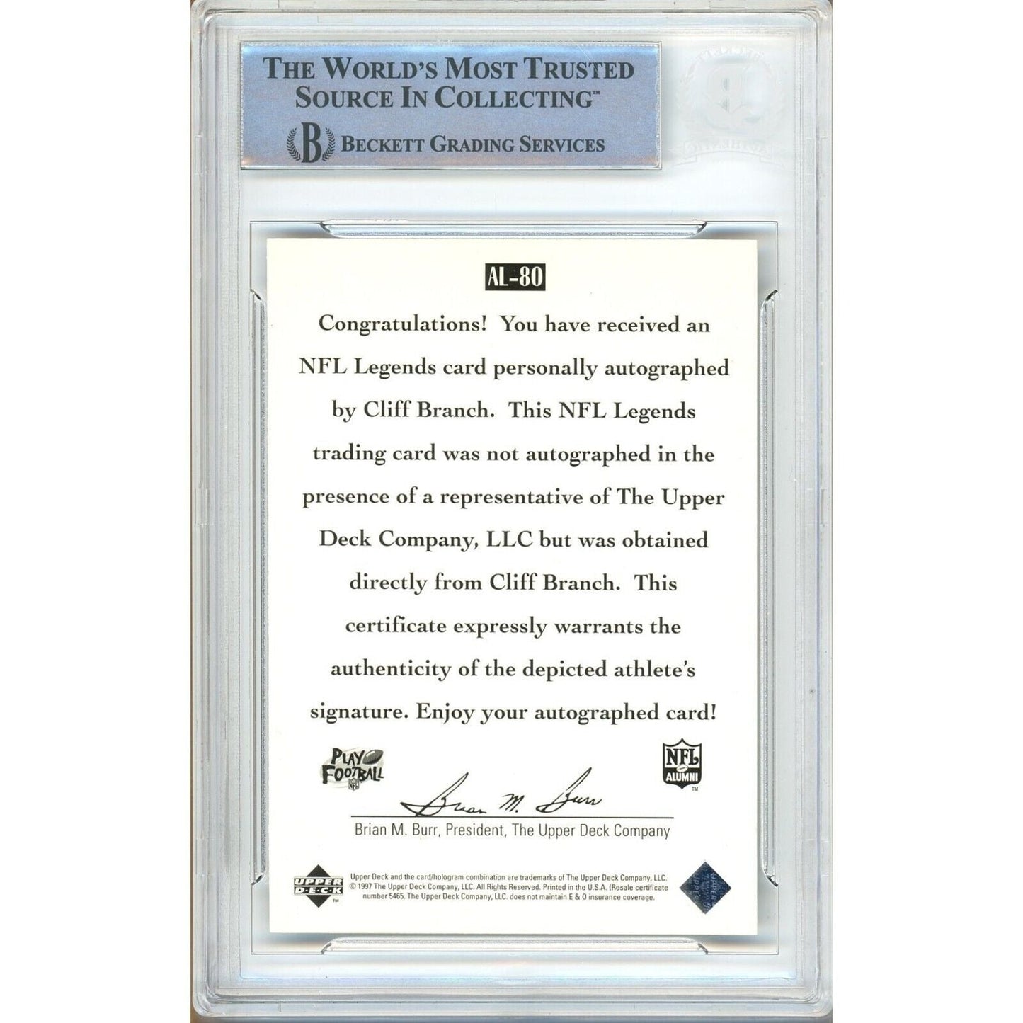 1997 Upper Deck Legends #80 — Cliff Branch Oakland Raiders Autographed Trading Card — Beckett Authentication