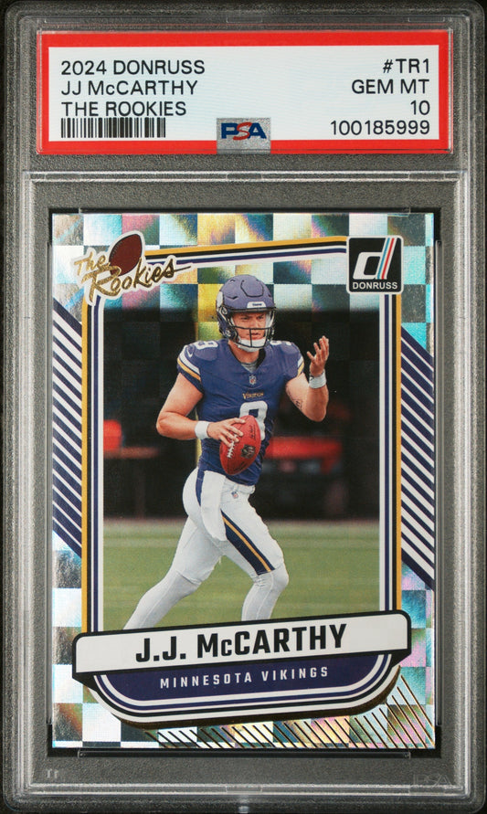 Graded 2024 Panini Donruss JJ McCarthy #TR1 The Rookies Rookie RC Football Card PSA 10 Gem Mint