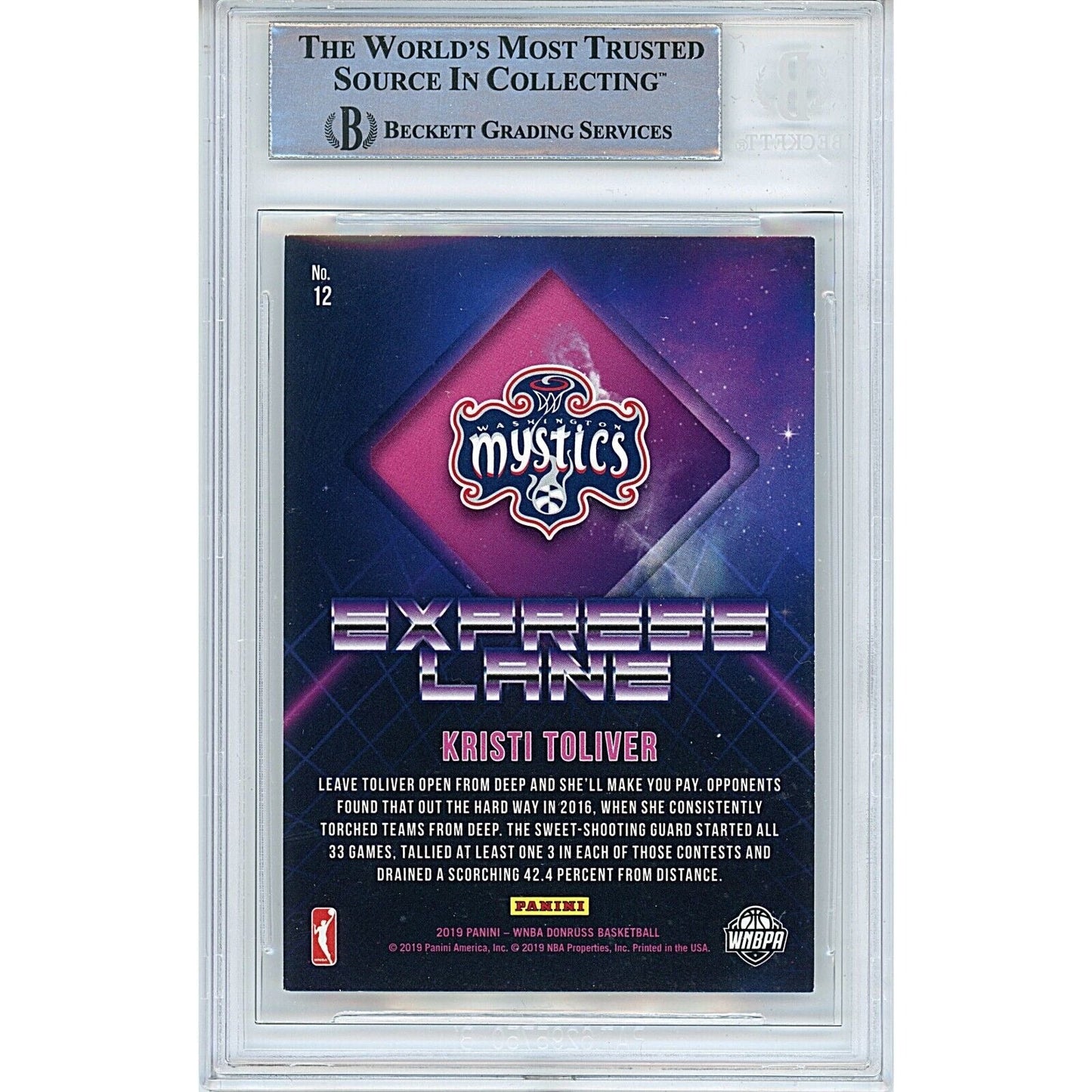 2019 Donruss WNBA Express Lane #12 — Kristi Toliver Washington Mystics Autographed Trading Card — Beckett Authentication