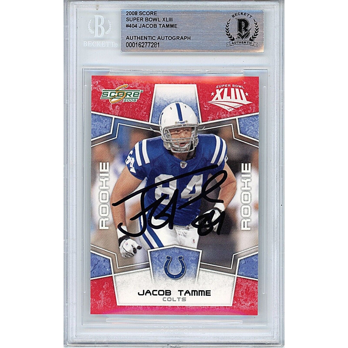 2008 Score #404 — Jacob Tamme Indianapolis Colts Autographed Trading Card — Beckett Authentication
