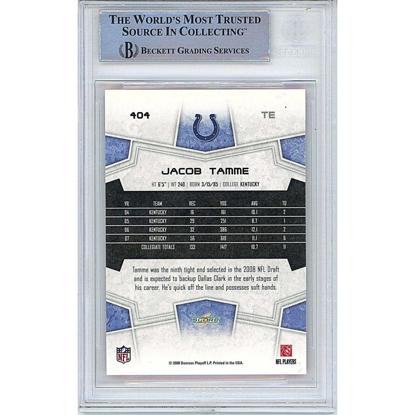 2008 Score #404 — Jacob Tamme Indianapolis Colts Autographed Trading Card — Beckett Authentication