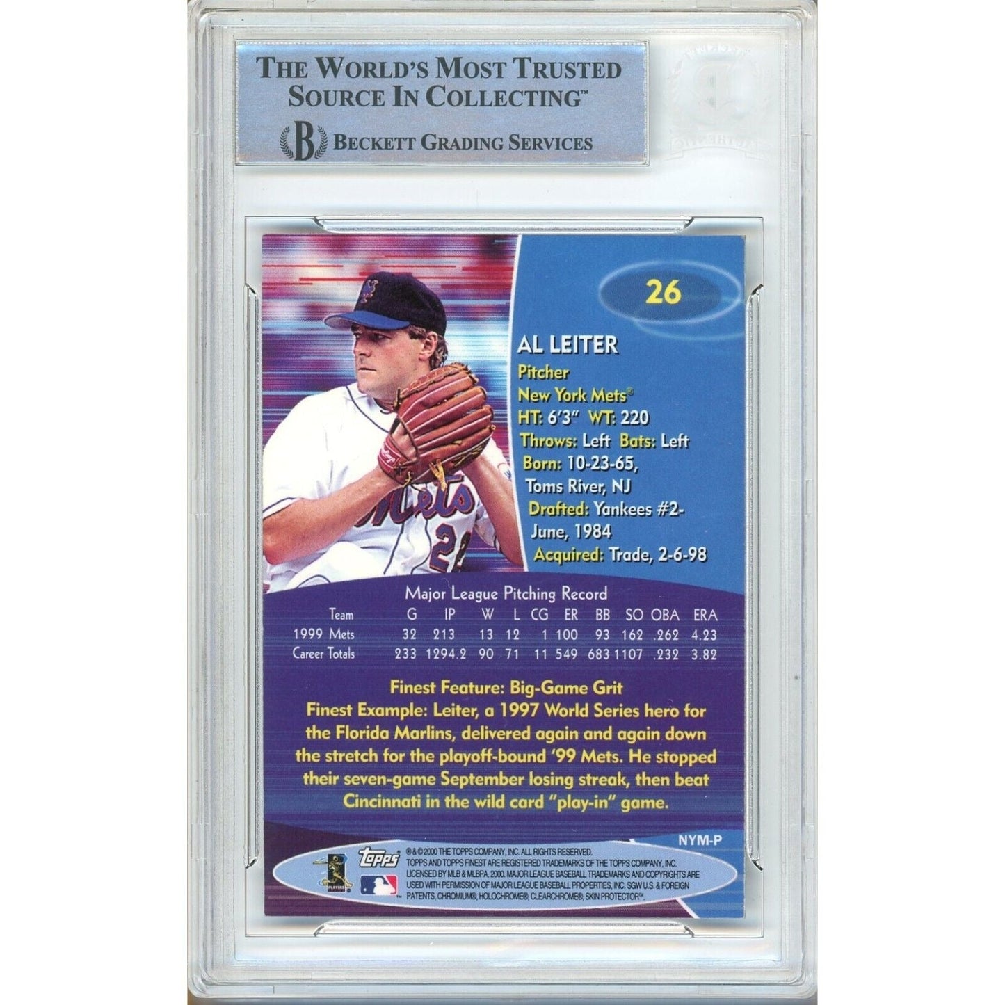 2000 Topps Finest #26 — Al Leiter New York Mets Autographed Trading Card — Beckett Authentication