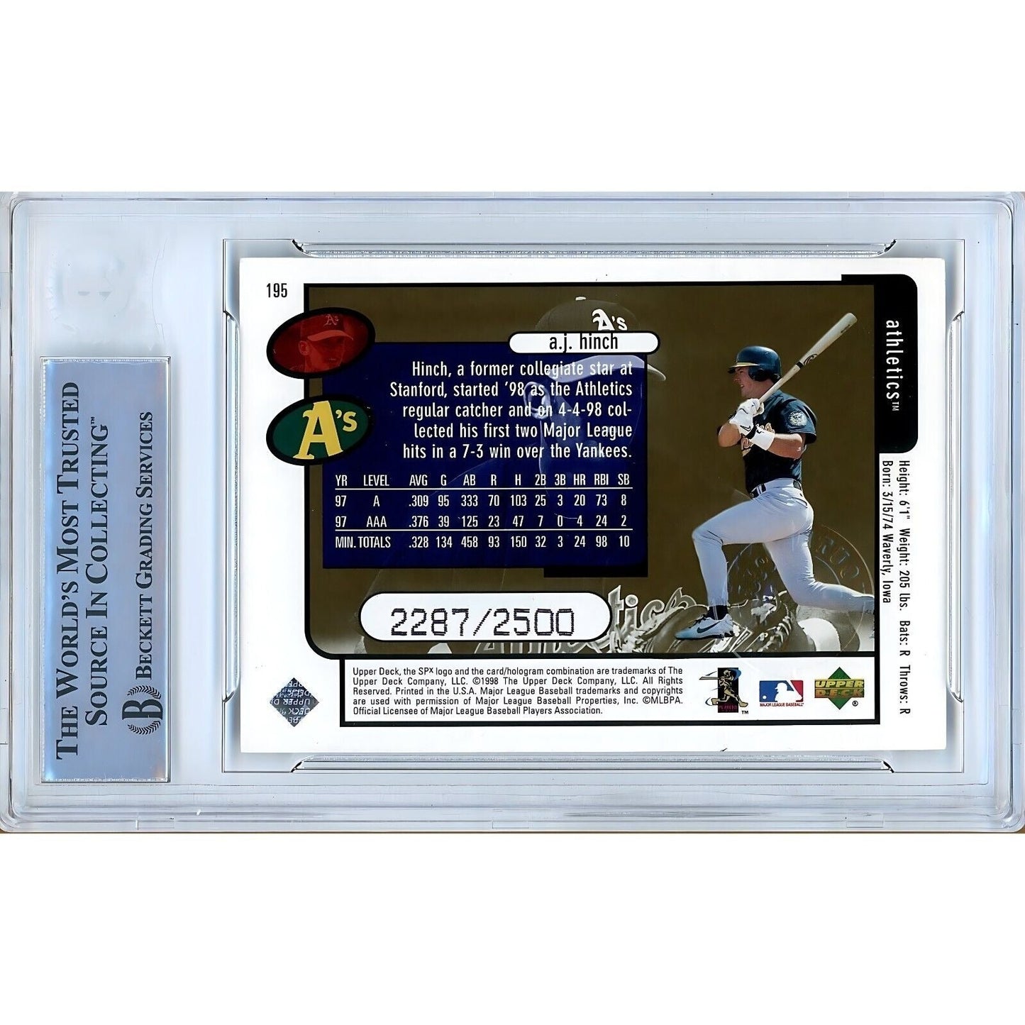 1998 SPx Finite Radiance #195 — AJ Hinch Oakland Athletics Autographed Trading Card — Beckett Authentication