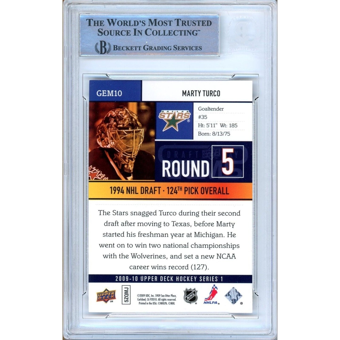 Marty Turco Dallas Stars Signed 2009-10 Upper Deck Draft Day Gems Card BAS Auth Auto