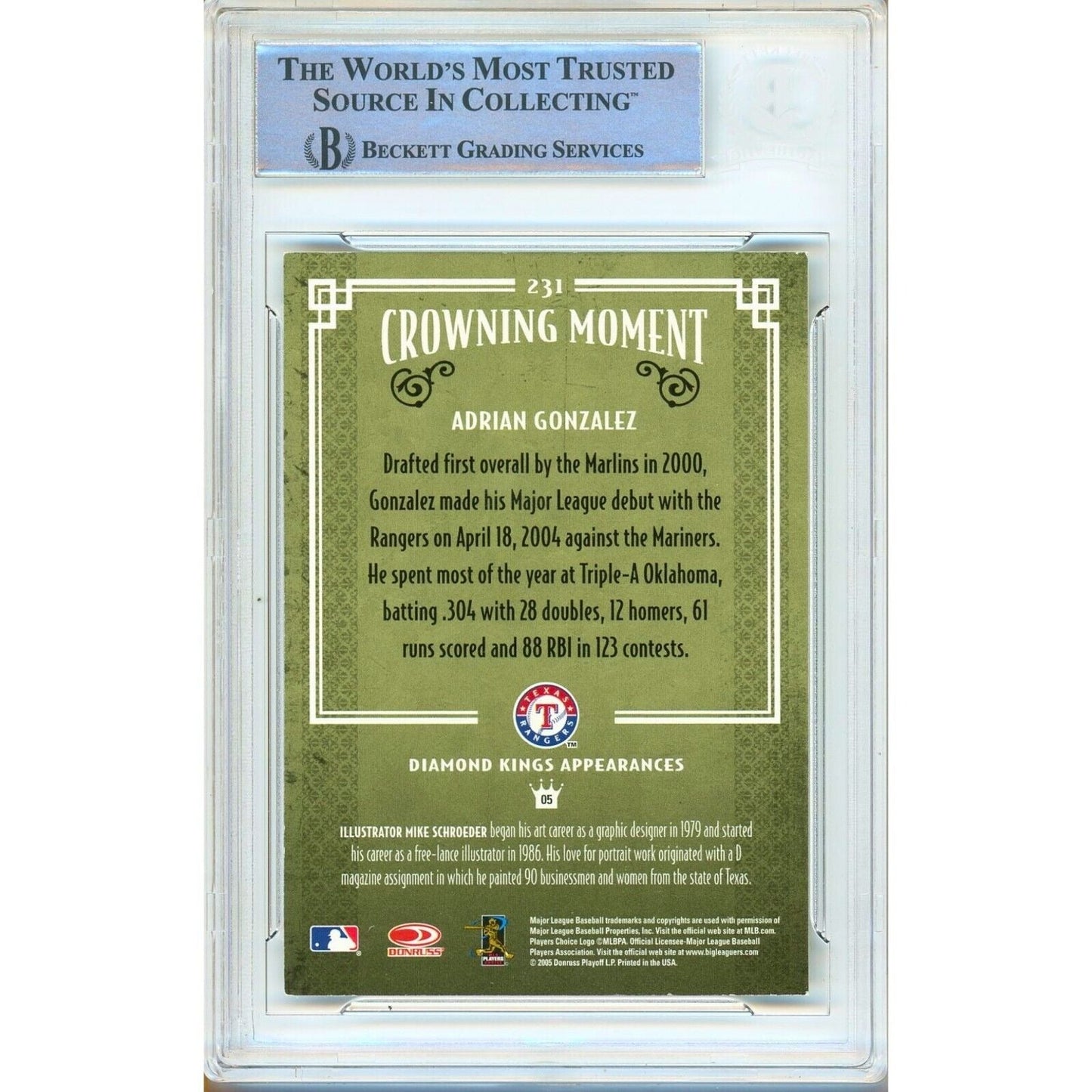 2005 Donruss Diamond Kings #231 — Adrian Gonzalez Texas Rangers Autographed Trading Card — Beckett Authentication