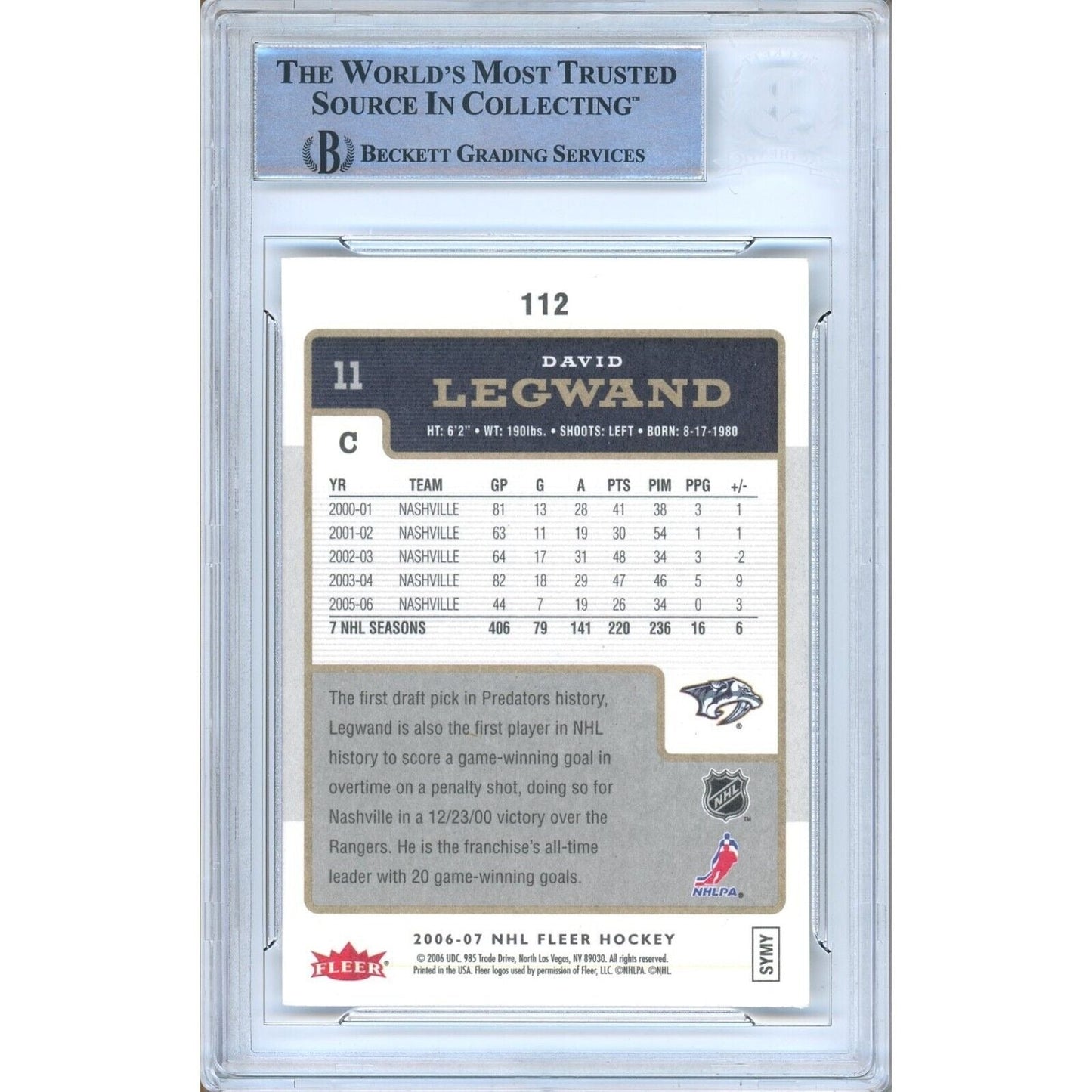 2006-07 Fleer #112 — David Legwand Nashville Predators Autographed Trading Card — Beckett Authentication