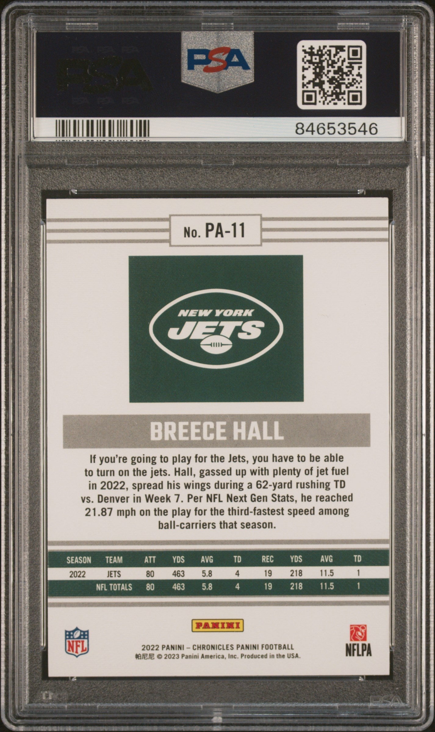 Graded 2022 Panini Chronicles Breece Hall #PA11 Panini Rookie RC Football Card PSA 10 Gem Mint
