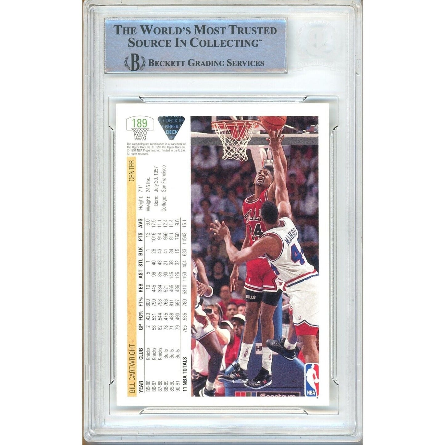 1991-92 Upper Deck #189 — Bill Cartwright Chicago Bulls Autographed Trading Card — Beckett Authentication