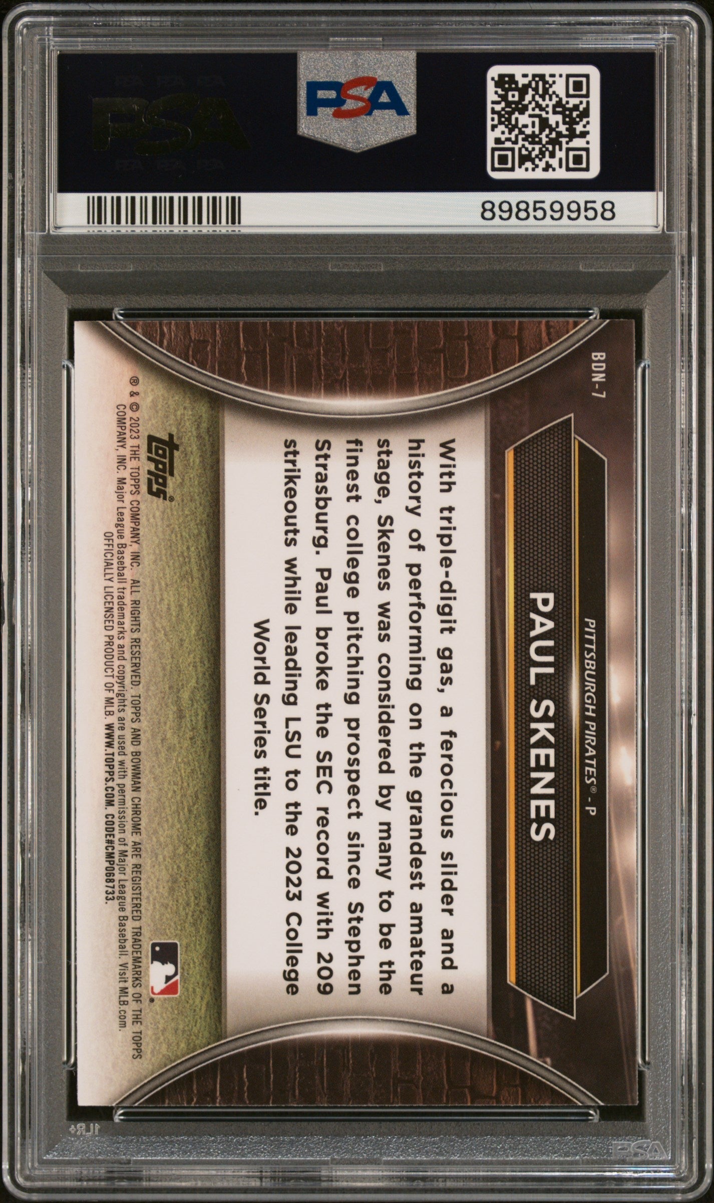 Graded 2023 Topps Bowman Draft Paul Skenes #BDN7 Draft Night Rookie RC Baseball Card PSA 9 Mint