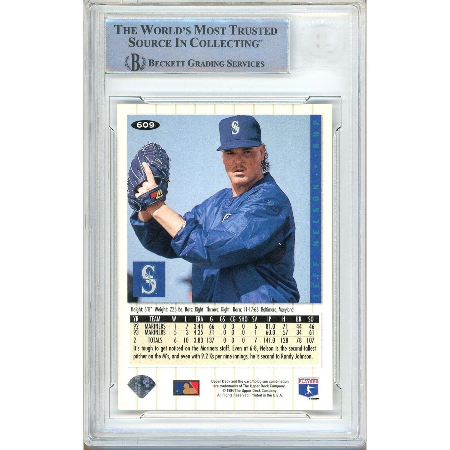 1994 UD Collectors Choice #609 — Jeff Nelson Seattle Mariners Autographed Trading Card Beckett Authentication