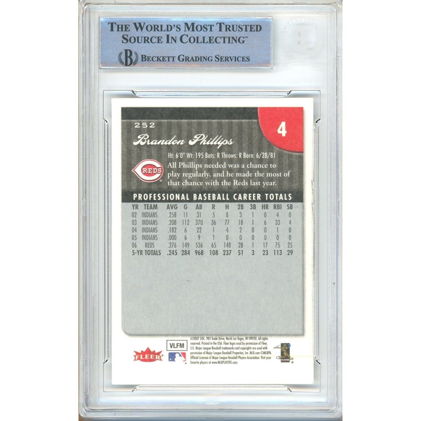2007 Fleer #252 — Brandon Phillips Cincinnati Reds Autographed Trading Card — Beckett Authentication