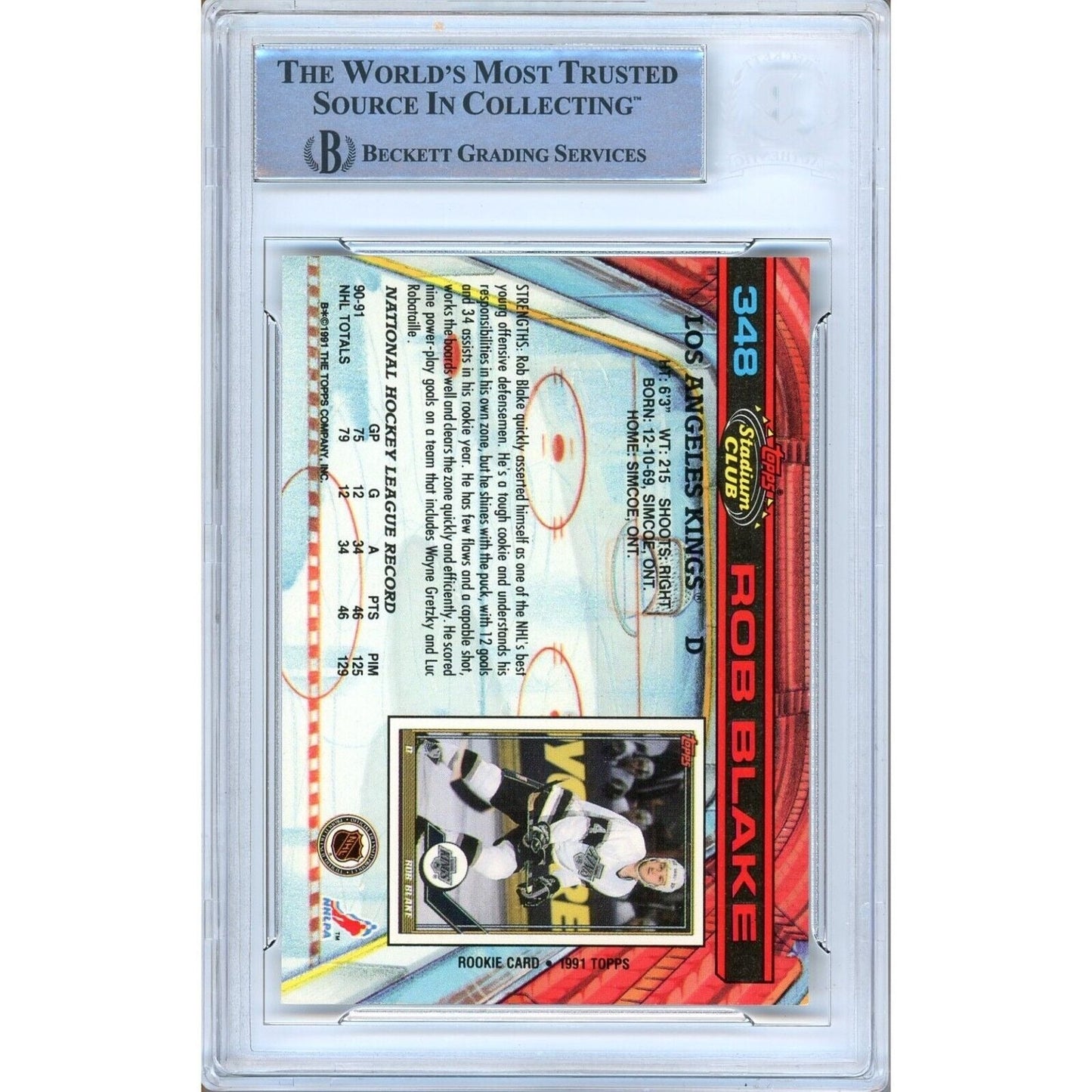 Rob Blake Los Angeles Kings Signed 1991-92 Stadium Club Card Beckett Authentic Auto Slab