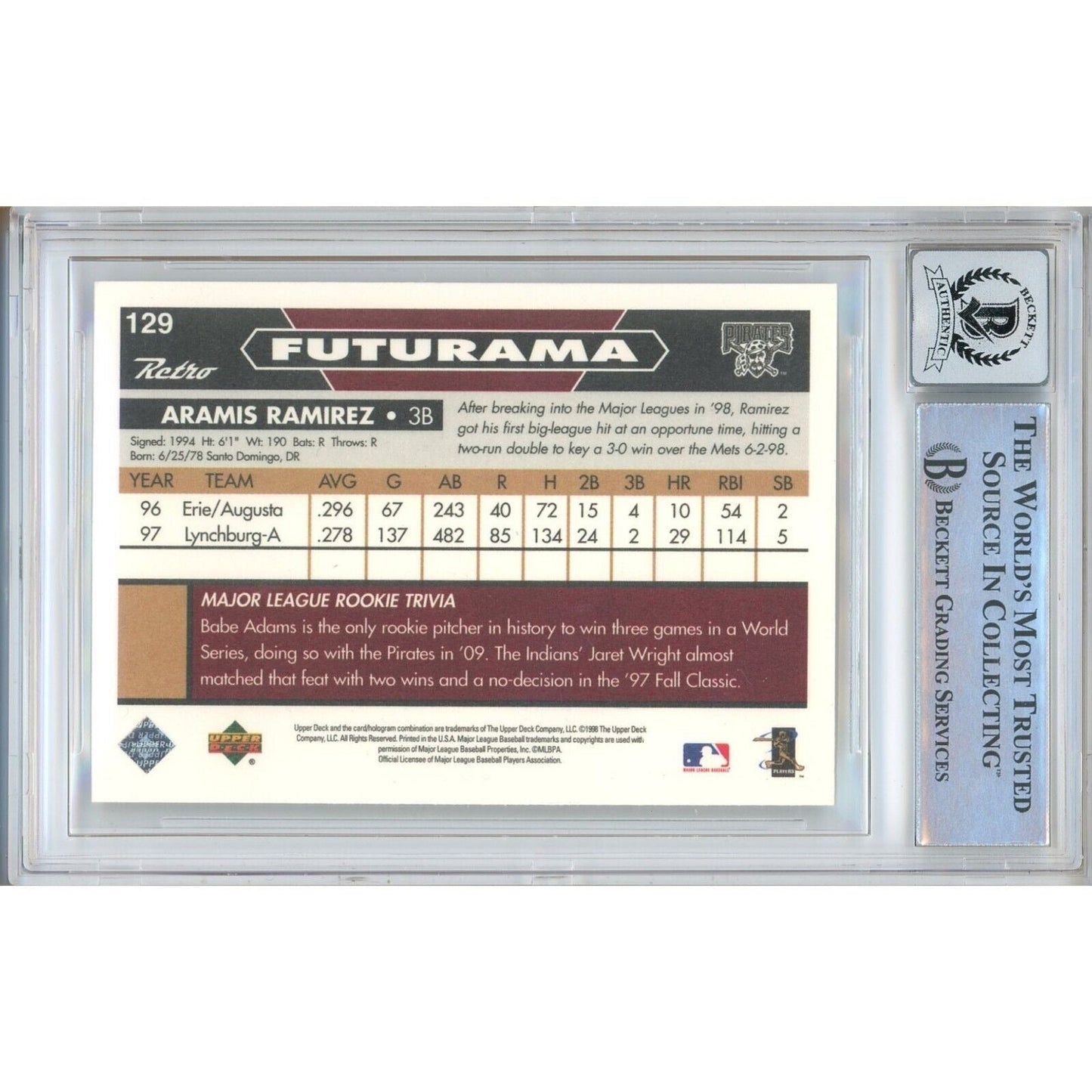 1998 Upper Deck Retro #129 — Aramis Ramirez Pittsburgh Pirates Autographed Trading Card — Beckett Authentication