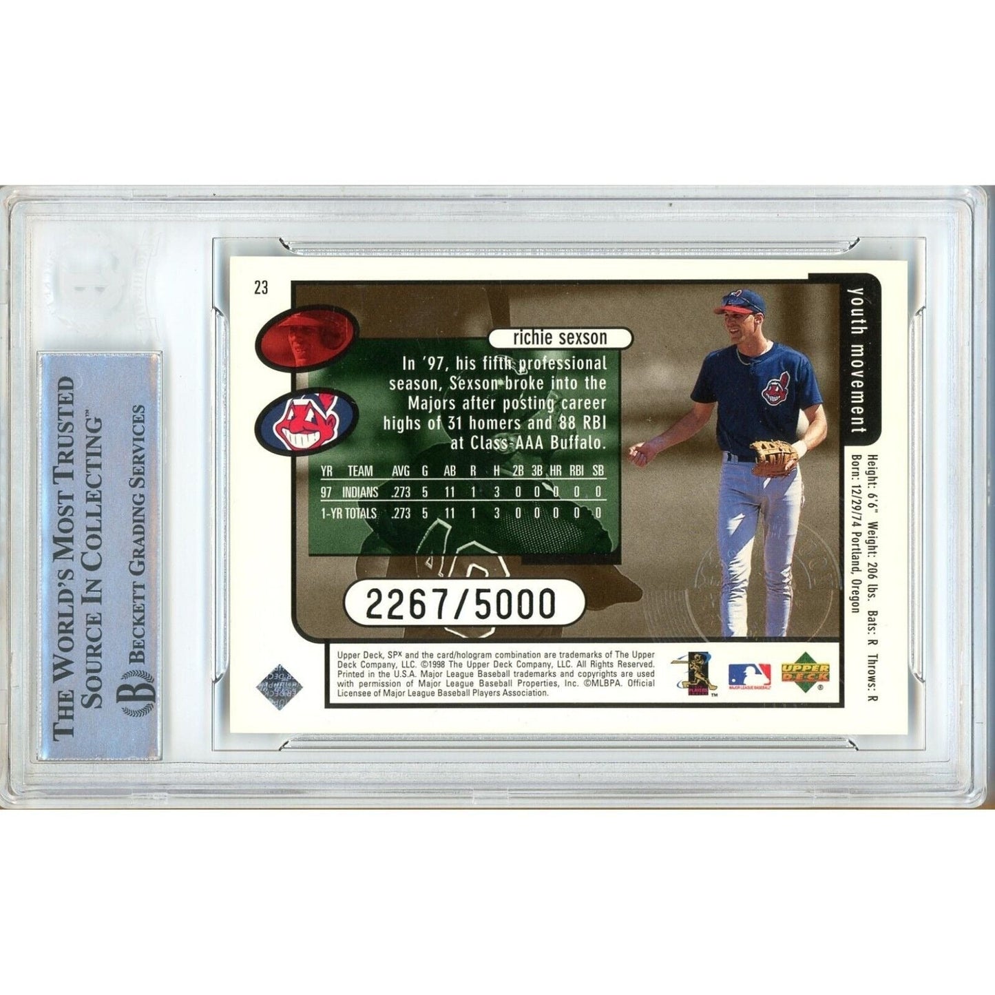 Richie Sexson Cleveland Indians Signed 1998 SPx Finite Youth Movement Card Beckett Auth