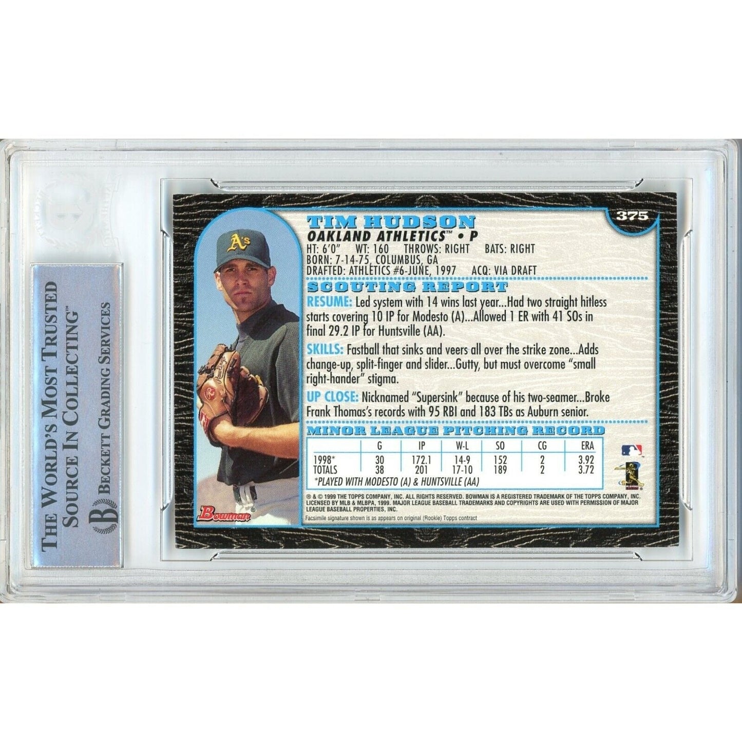 Tim Hudson Oakland Athletics Signed 1999 Bowman Rookie Card Beckett Authentic Auto Slab